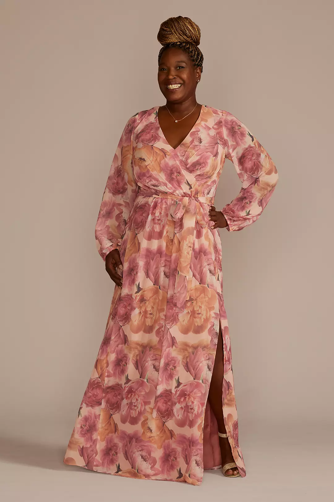 Long Sleeve Floral Chiffon Maxi Dress with Slit - Image 2