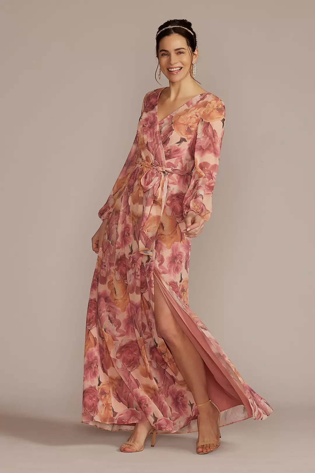 Long Sleeve Floral Chiffon Maxi Dress with Slit - Image 5