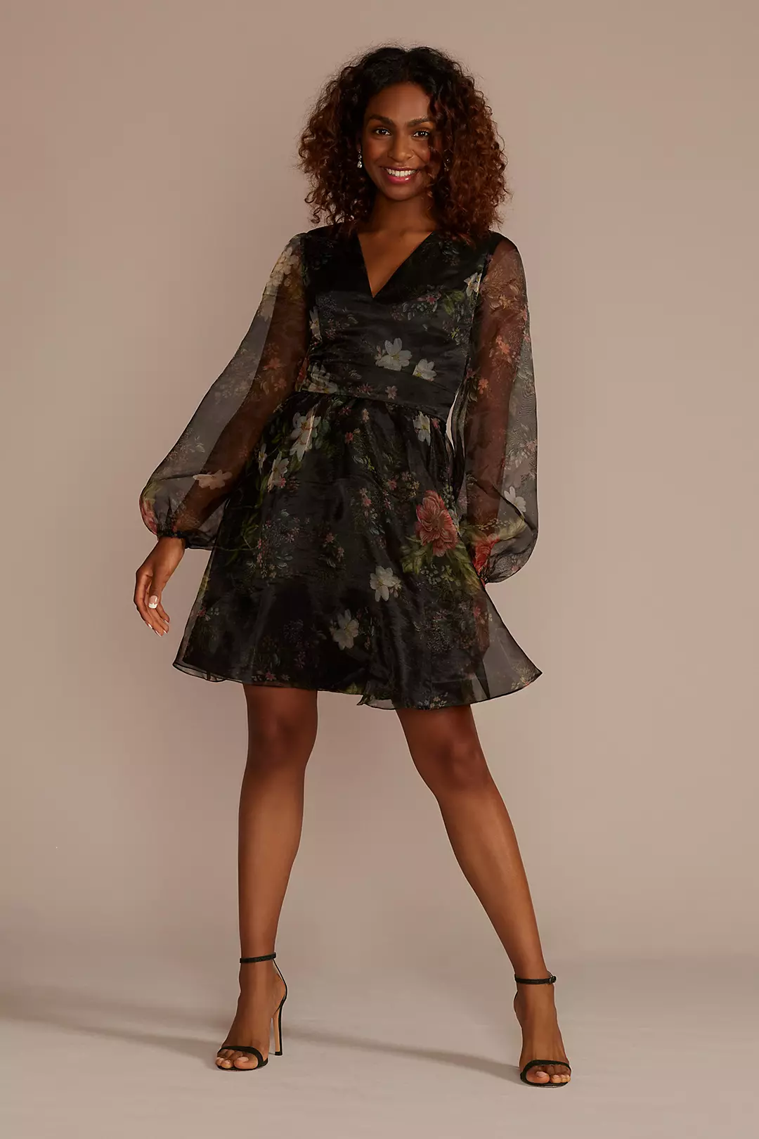 Long Sleeve Floral Organza A-Line Dress - Image 2