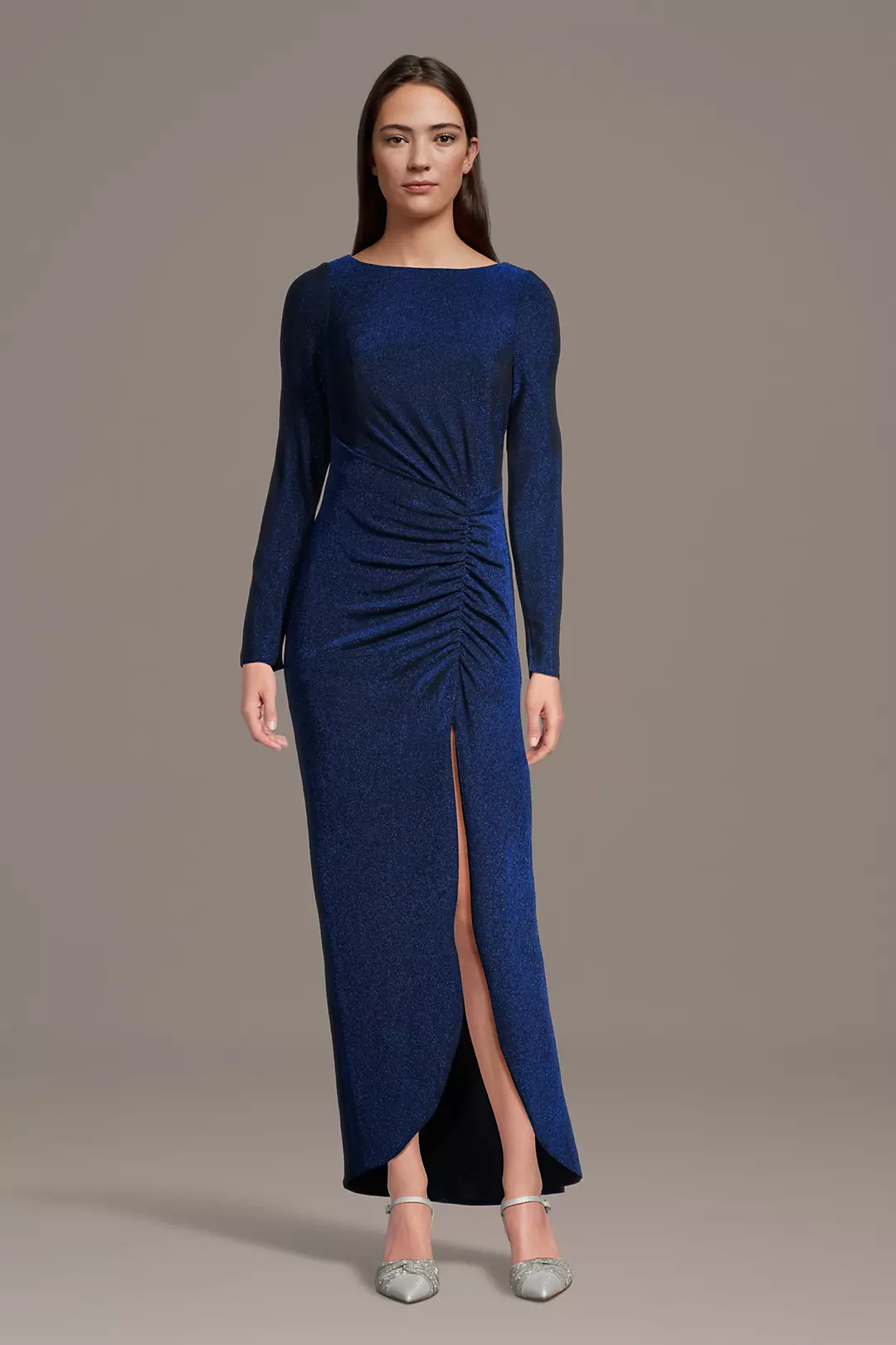 Long Sleeve Glitter Knit High Neck Sheath Dress - Image 3