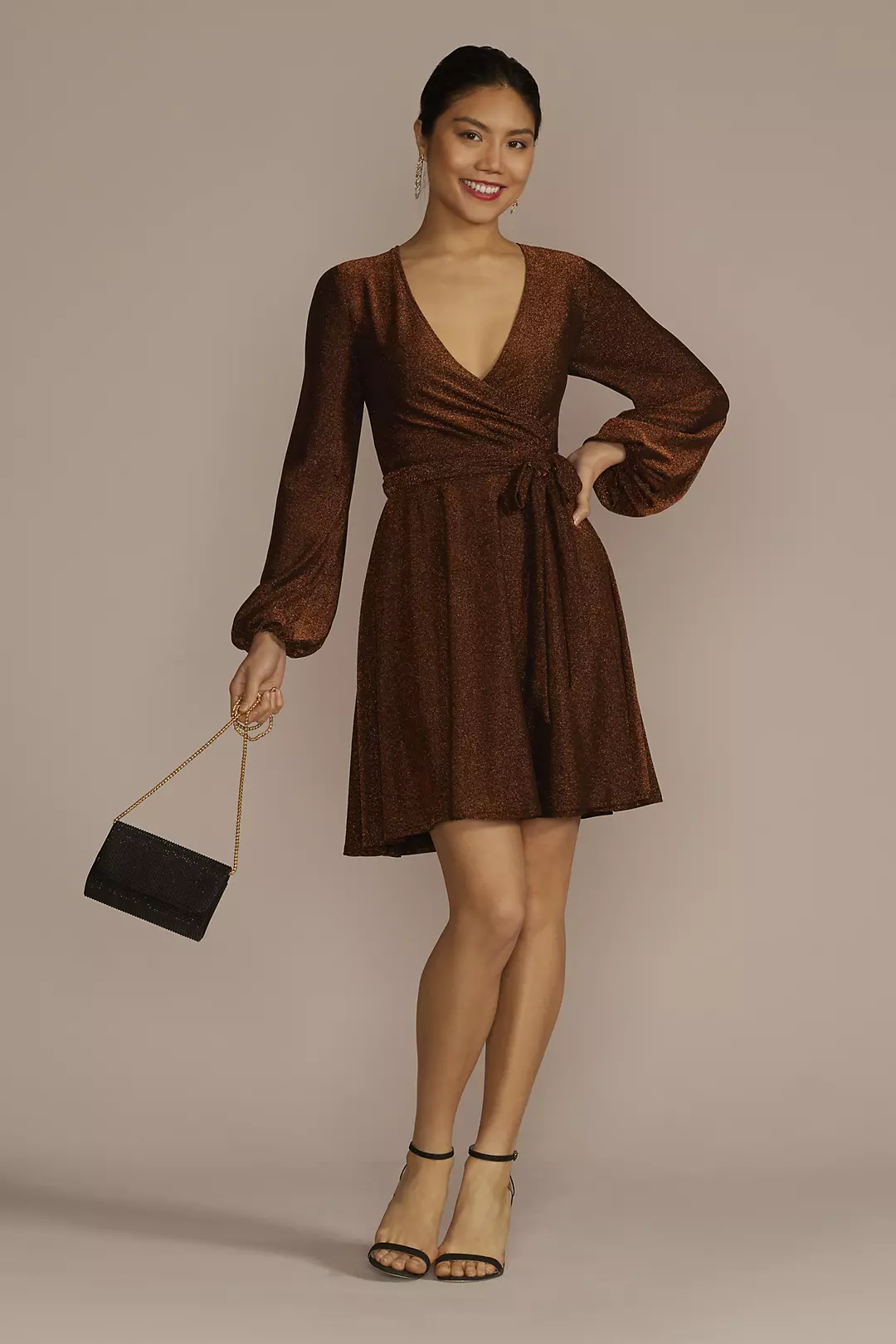 Long Sleeve Glitter Metallic Wrap Dress - Image 2