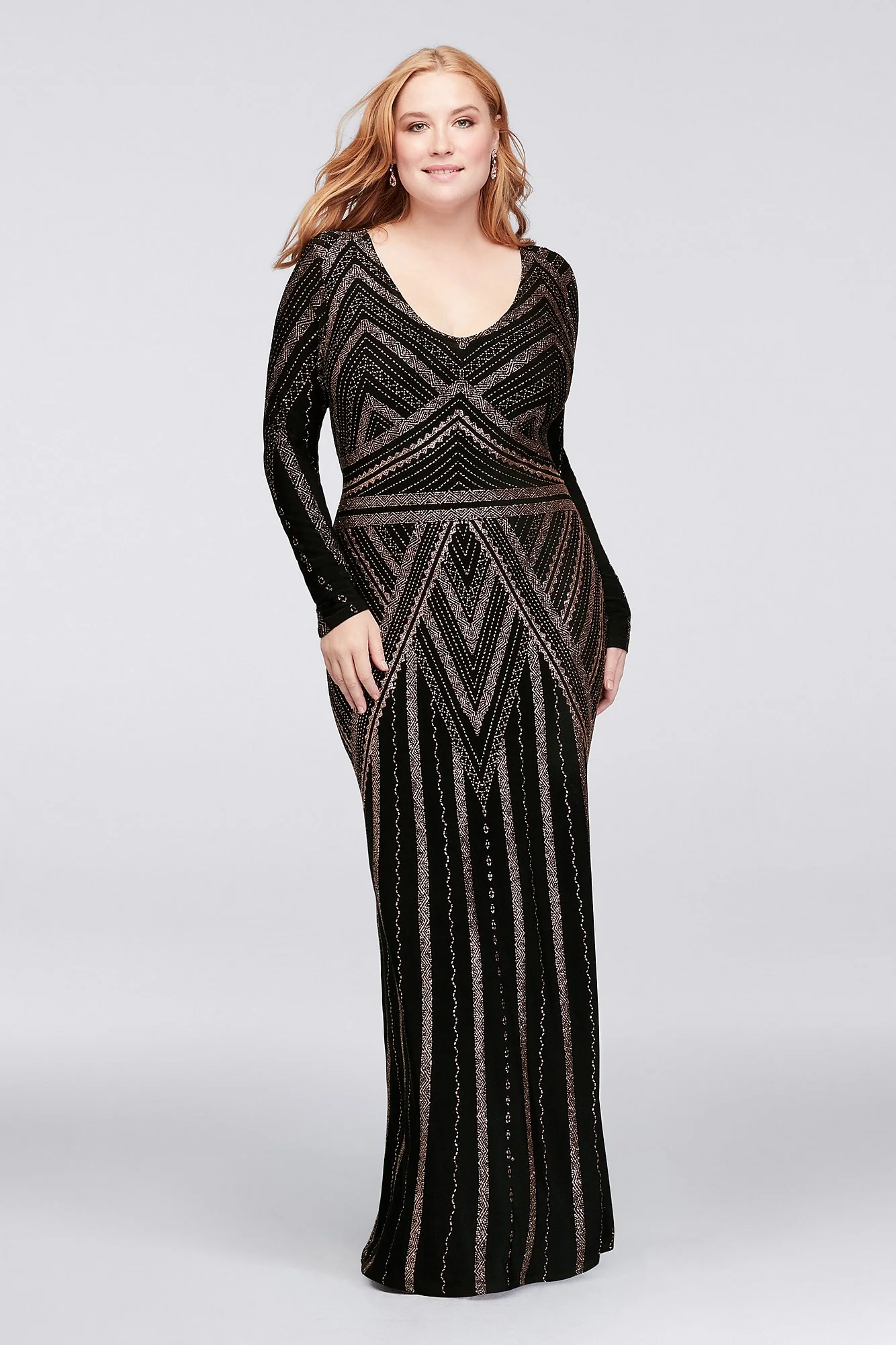 Long Sleeve Glitter Print Sheath Gown - Image 2