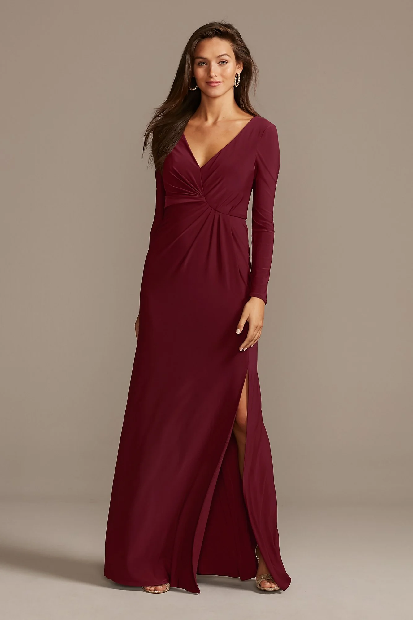 Long Sleeve Jersey V-Neck Dress with Slit - Image 2