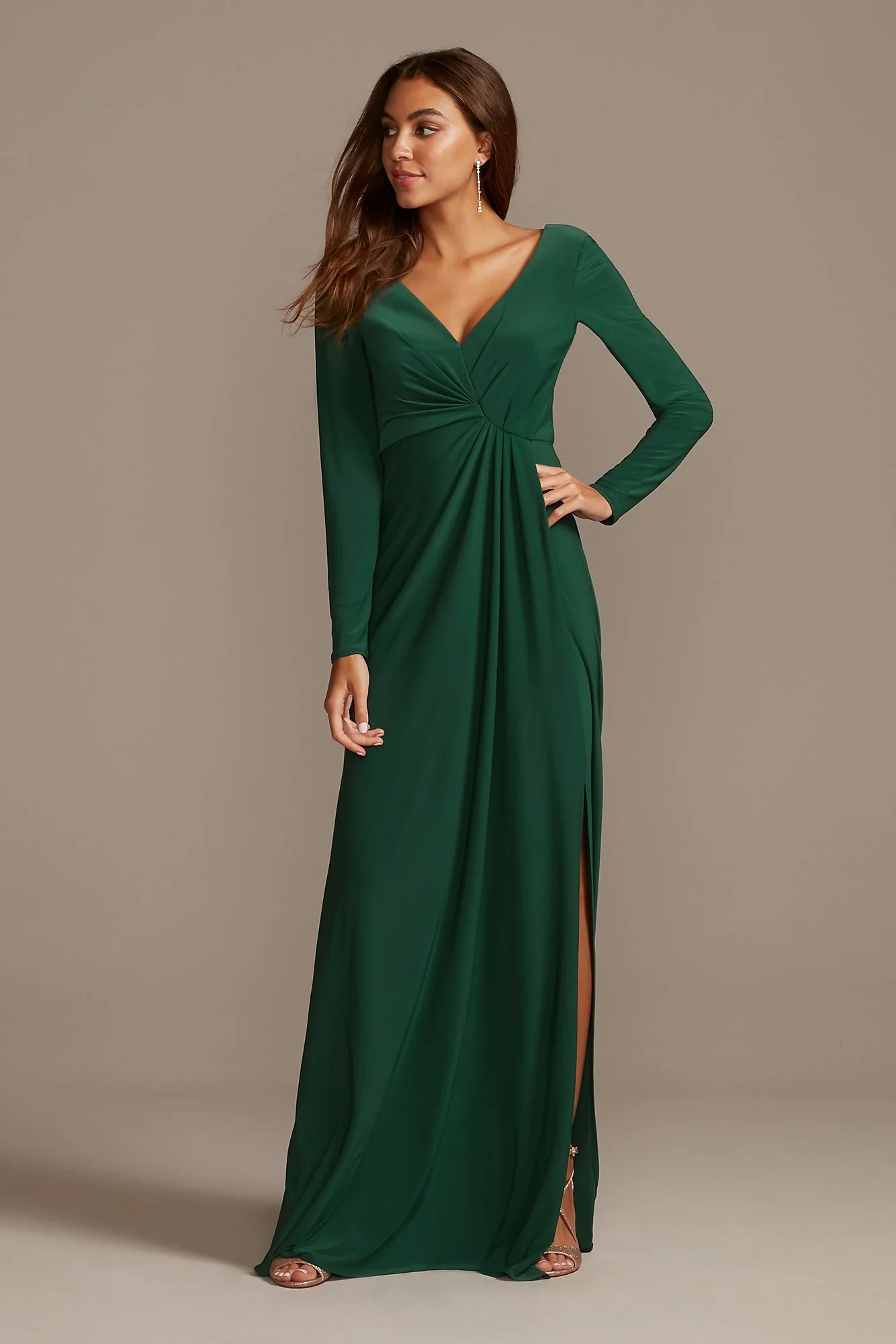 Long Sleeve Jersey V-Neck Dress with Slit - Image 4
