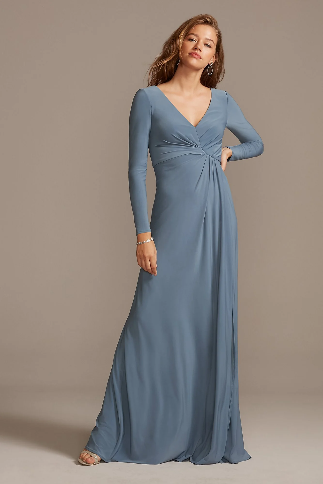 Long Sleeve Jersey V-Neck Dress with Slit - Image 5