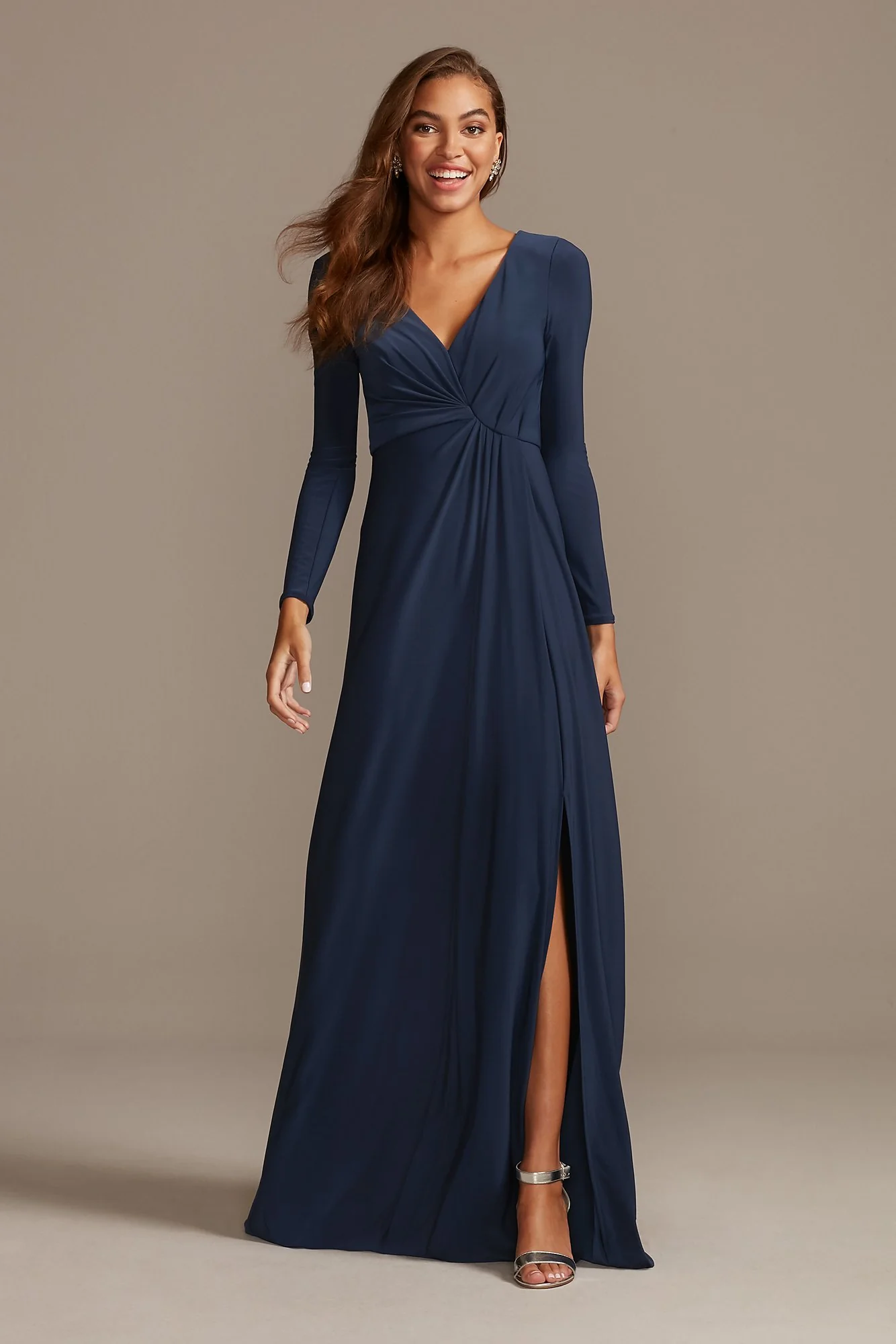 Long Sleeve Jersey V-Neck Dress with Slit - Image 6