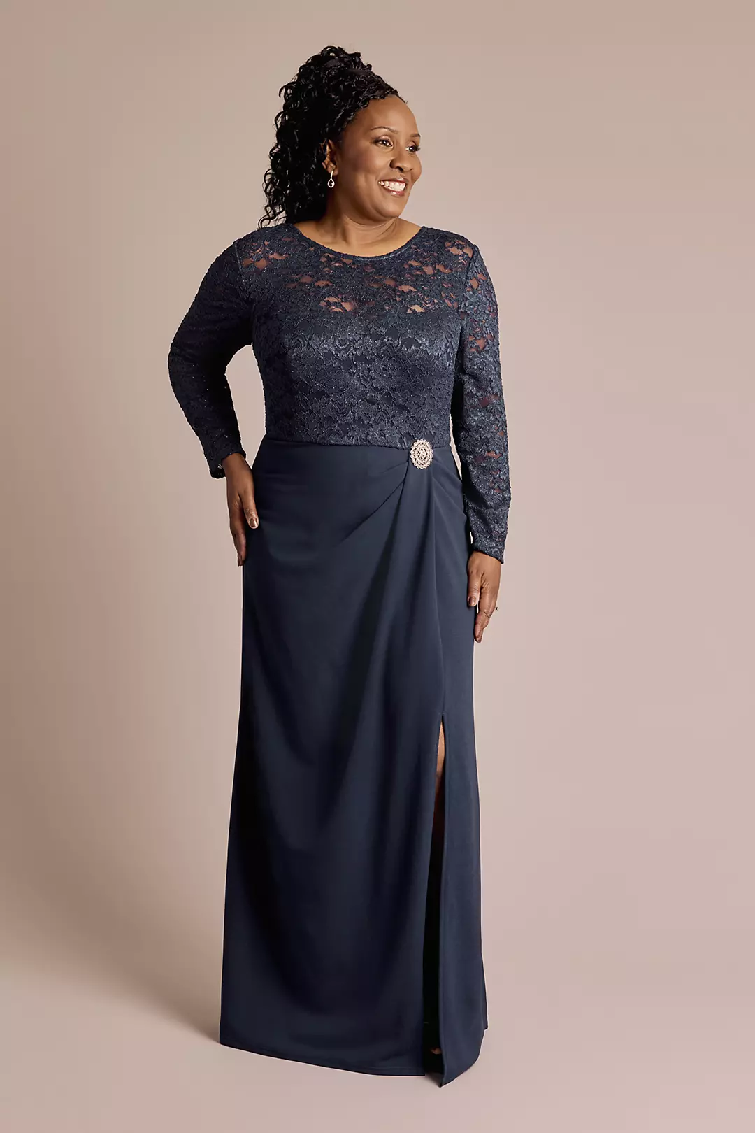 Long-Sleeve Lace and Crepe Soft A-Line Dress - Image 14