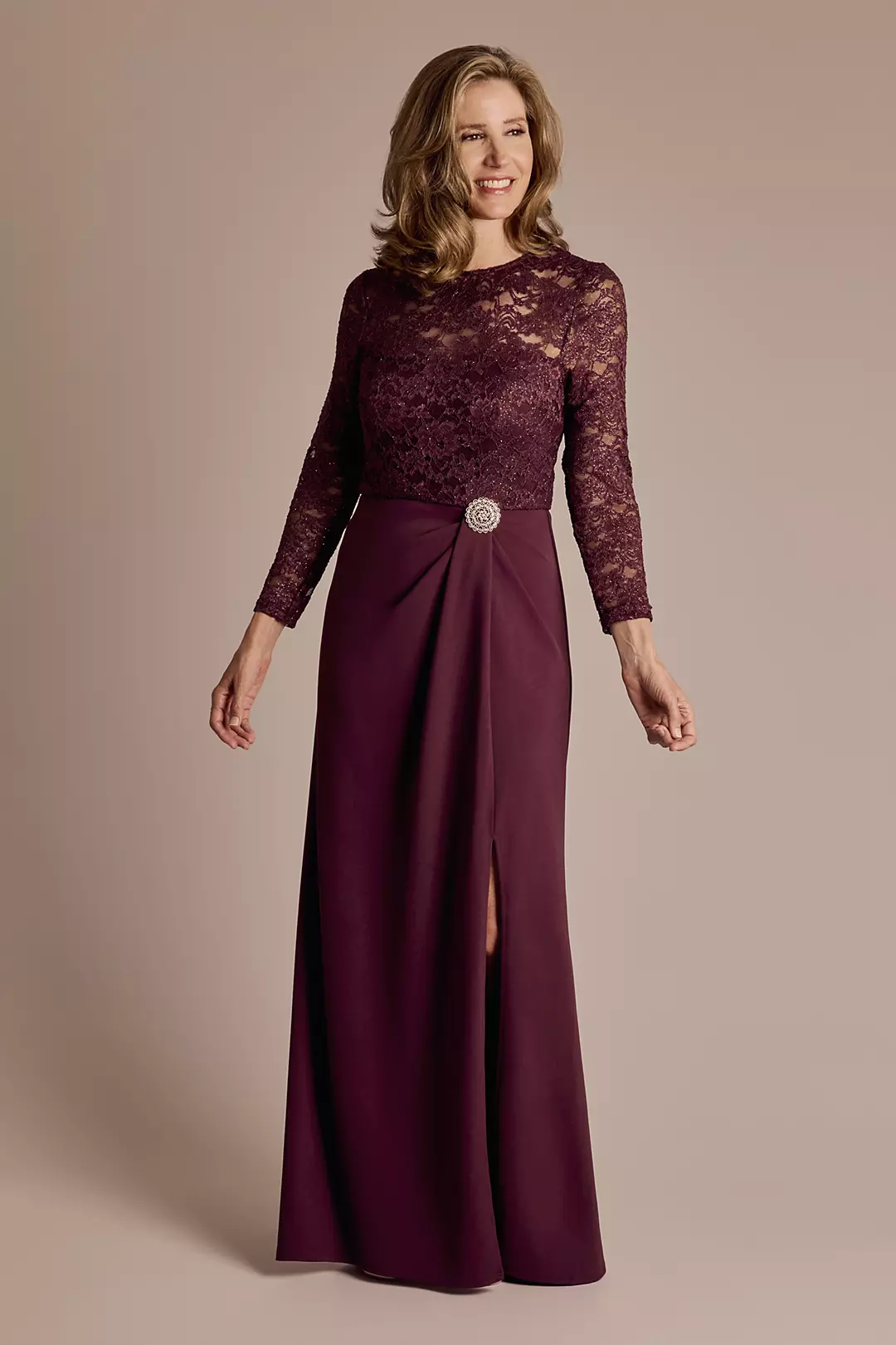 Long-Sleeve Lace and Crepe Soft A-Line Dress - Image 19