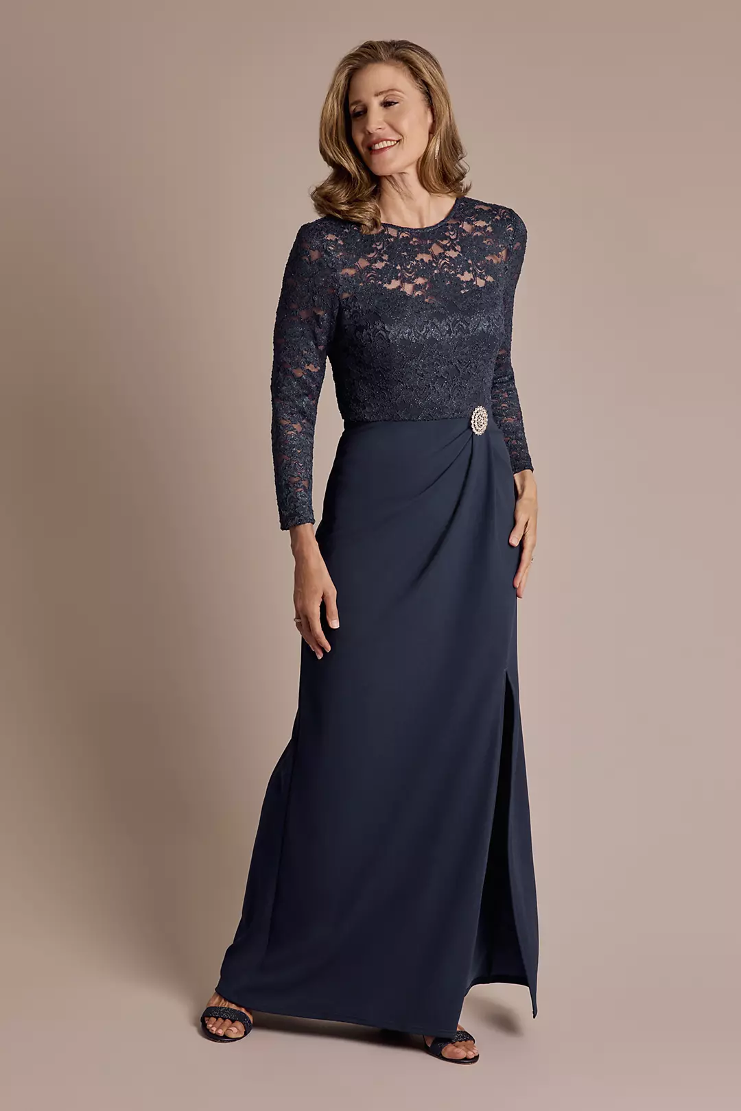 Long-Sleeve Lace and Crepe Soft A-Line Dress - Image 21