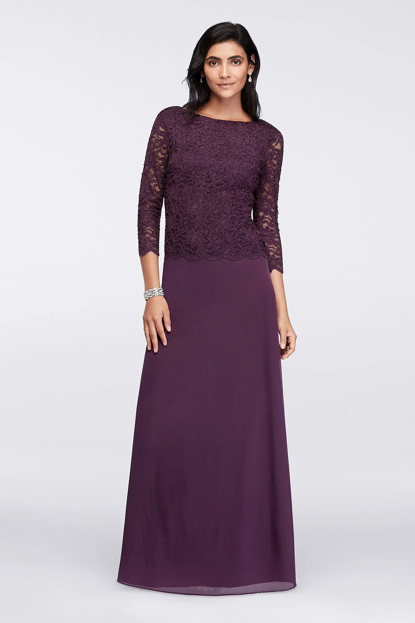 Long-Sleeve Lace Bodice Dress with Bateau Neckline - Image 2