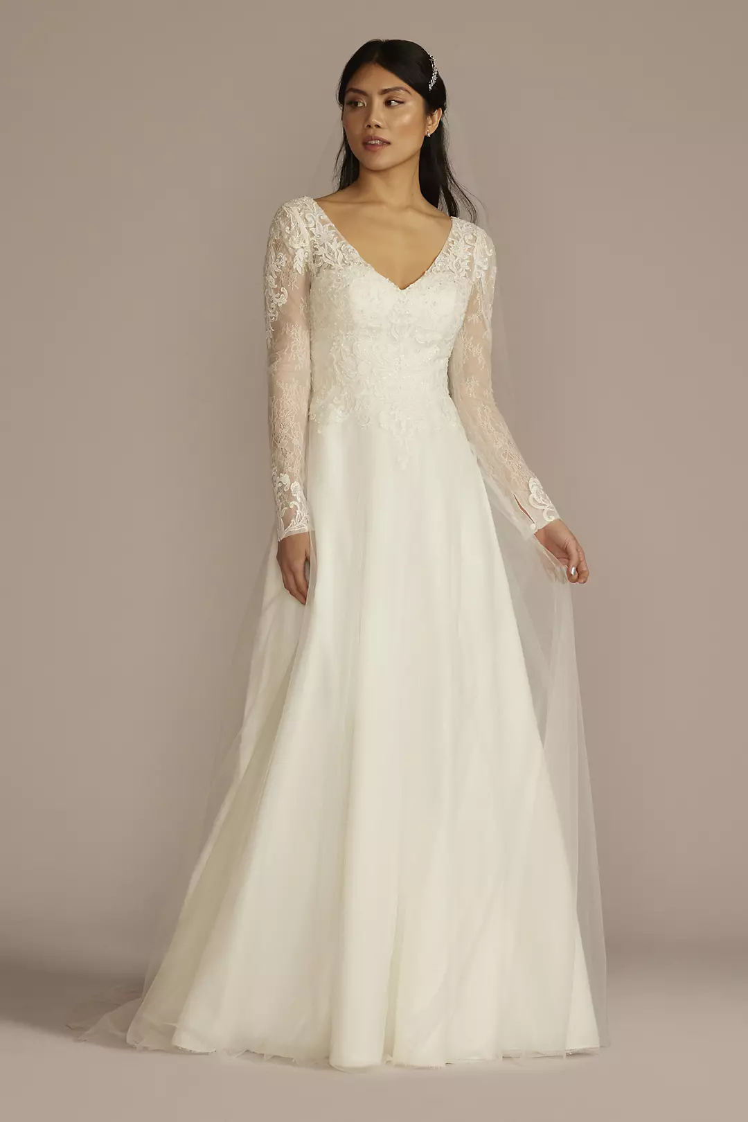 Long Sleeve Lace Bodice Tulle A-Line Wedding Dress - Image 16