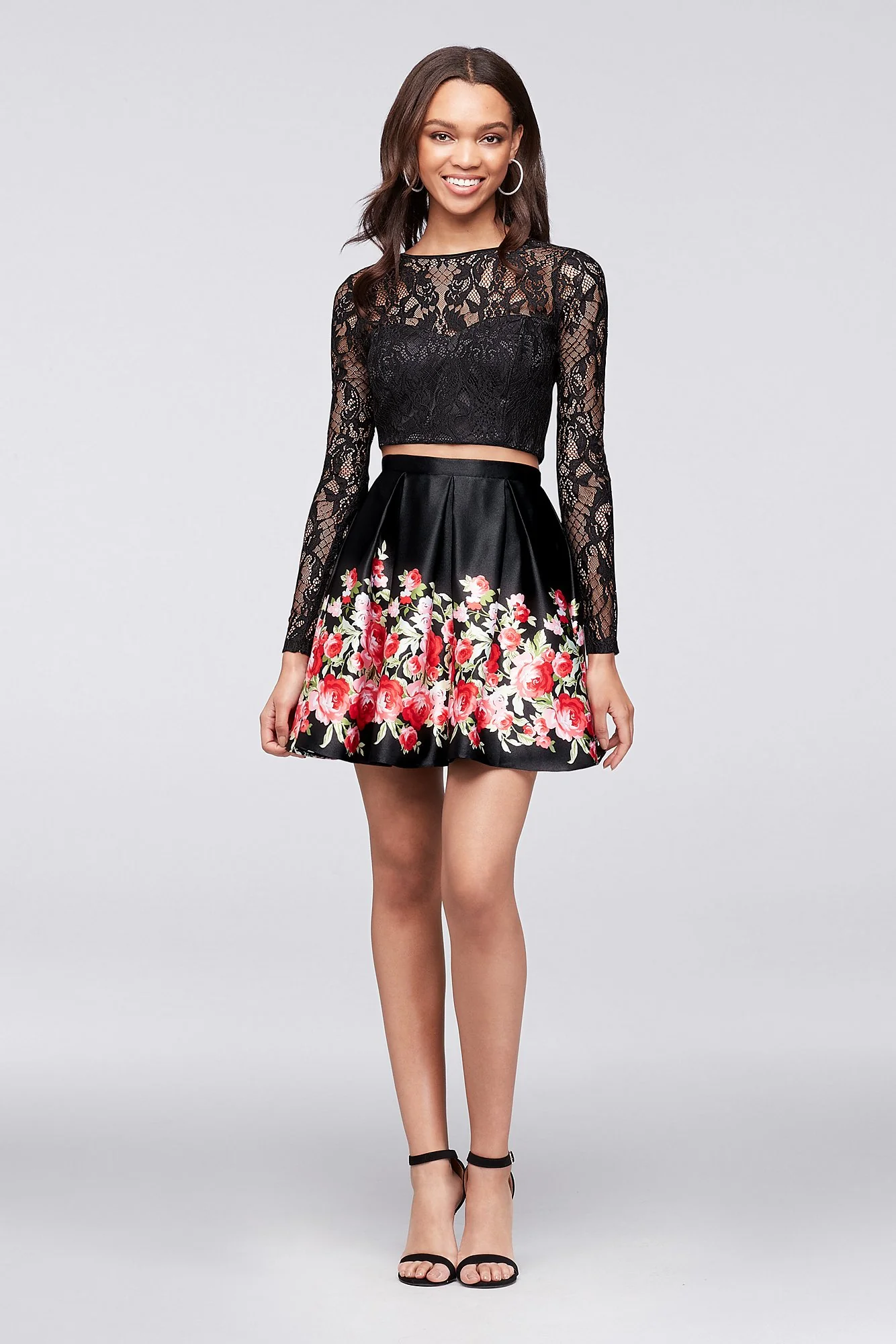 Long-Sleeve Lace Crop Top and Satin Skirt Set - Image 2
