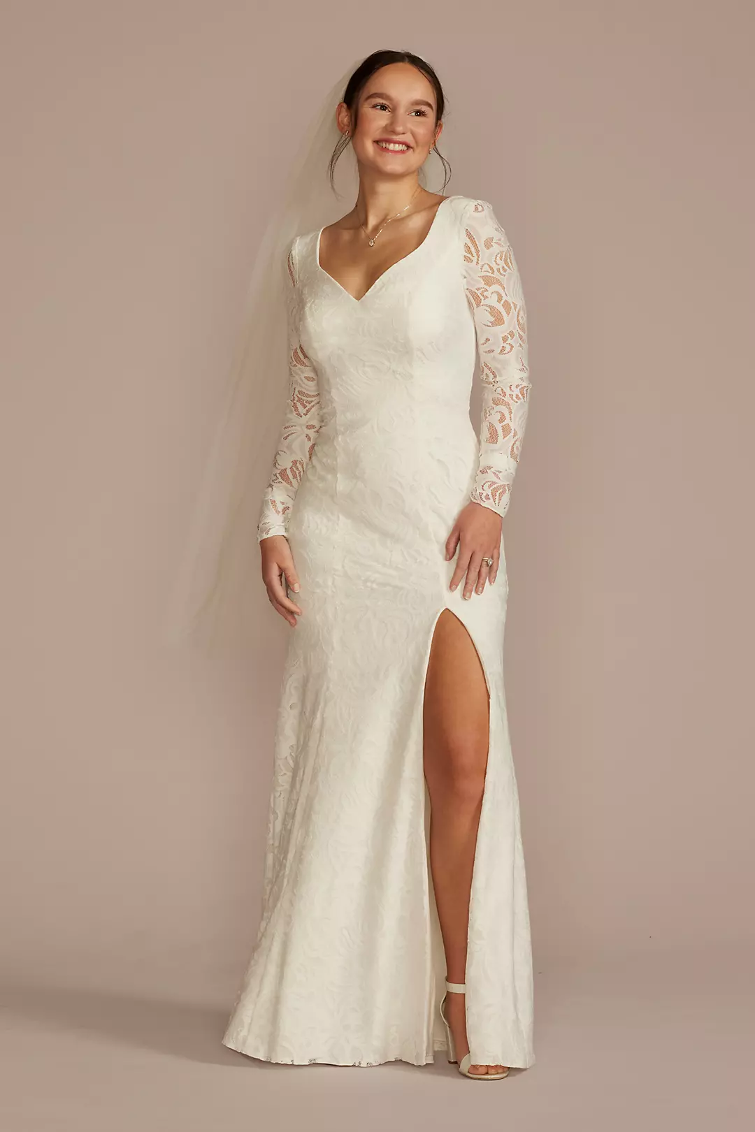 Long Sleeve Lace Scoop Back Sheath Wedding Dress - Image 9