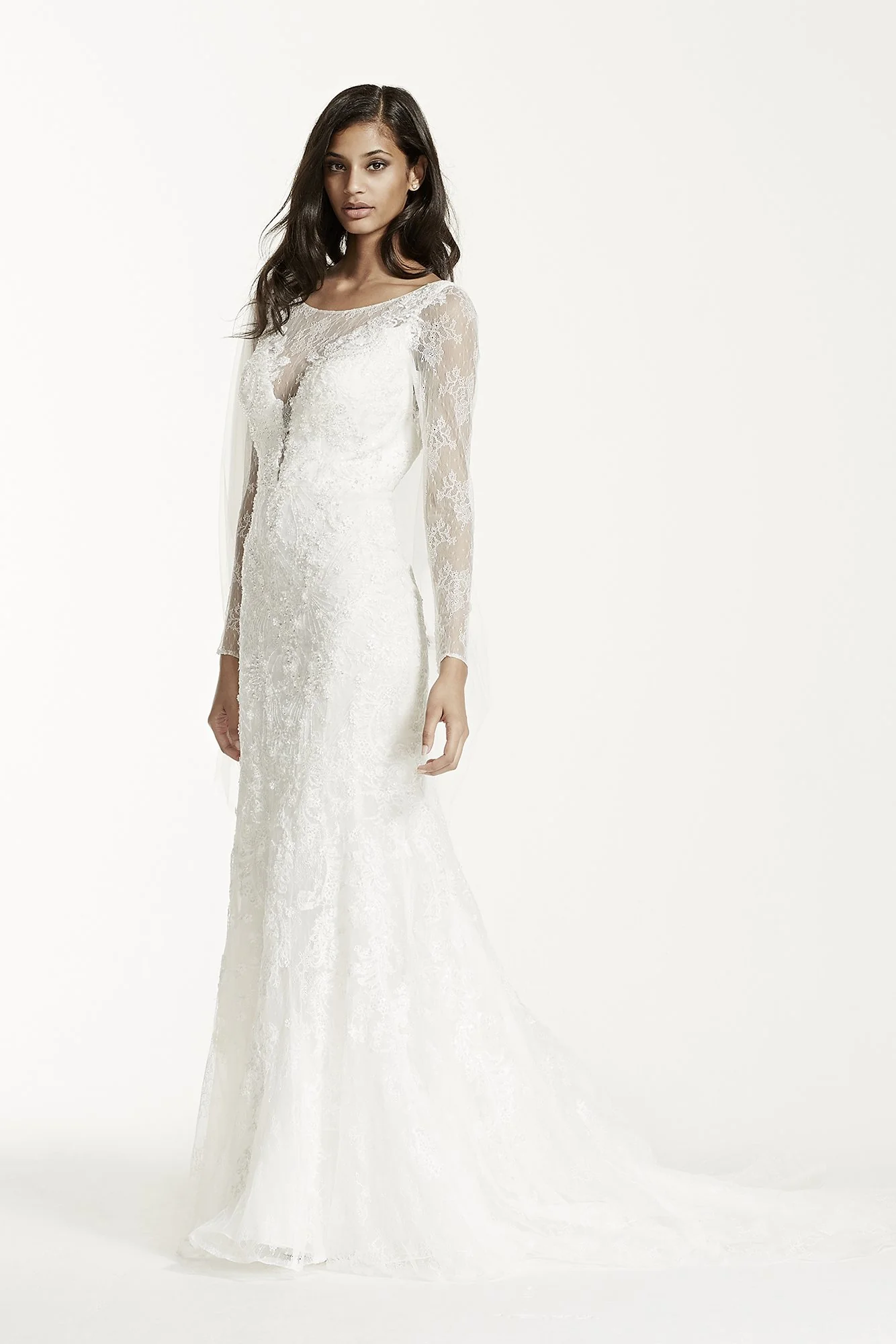 Long Sleeve Lace Trumpet Gown with 3D Flowers - Image 2