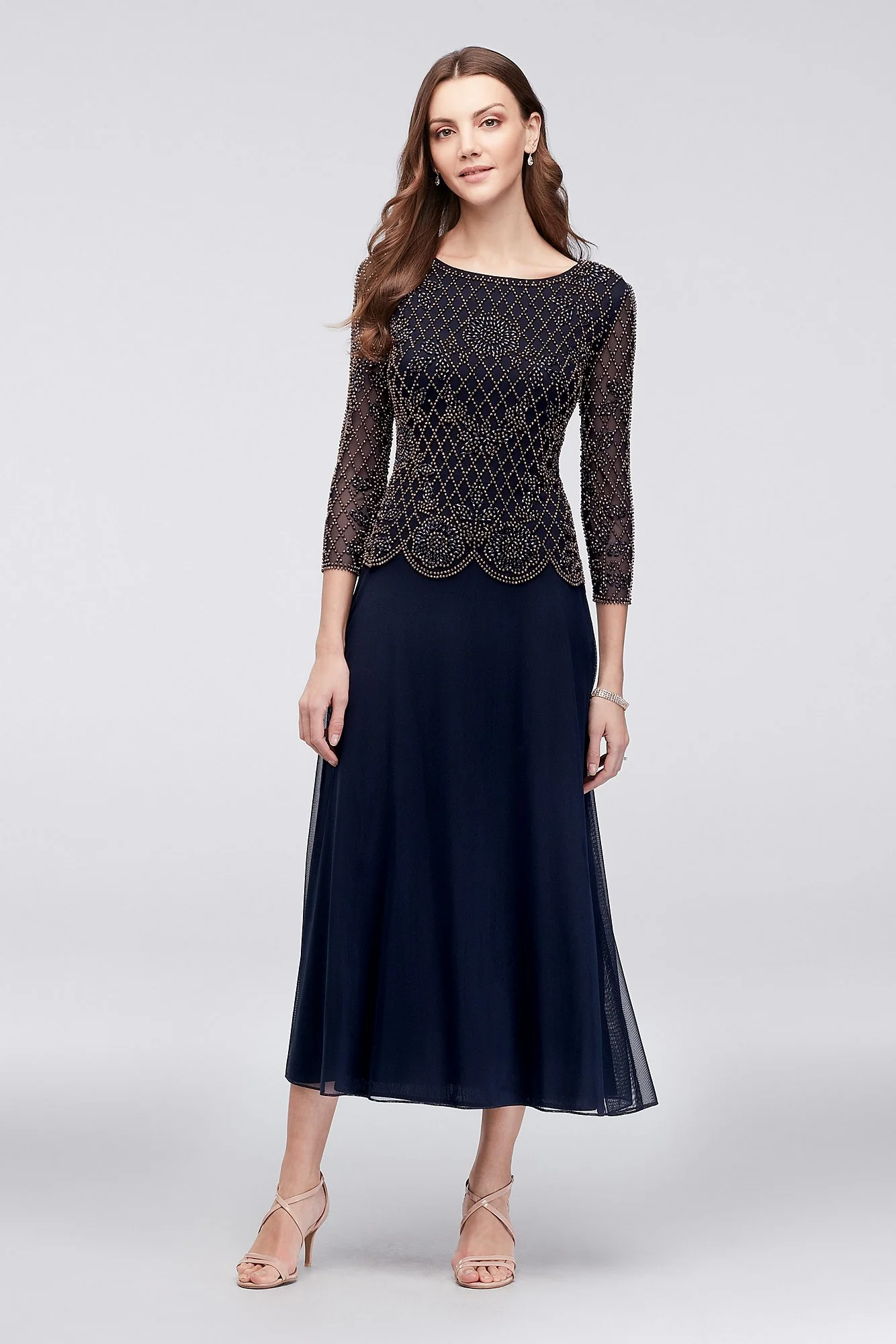 Long-Sleeve Mesh Dress with Metallic Beading