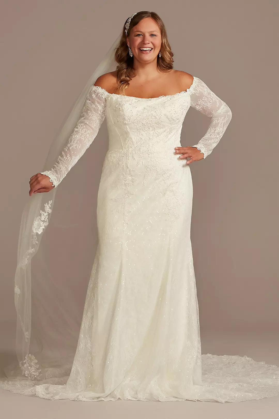 Long Sleeve Off Shoulder Sequin Lace Wedding Dress - Image 13