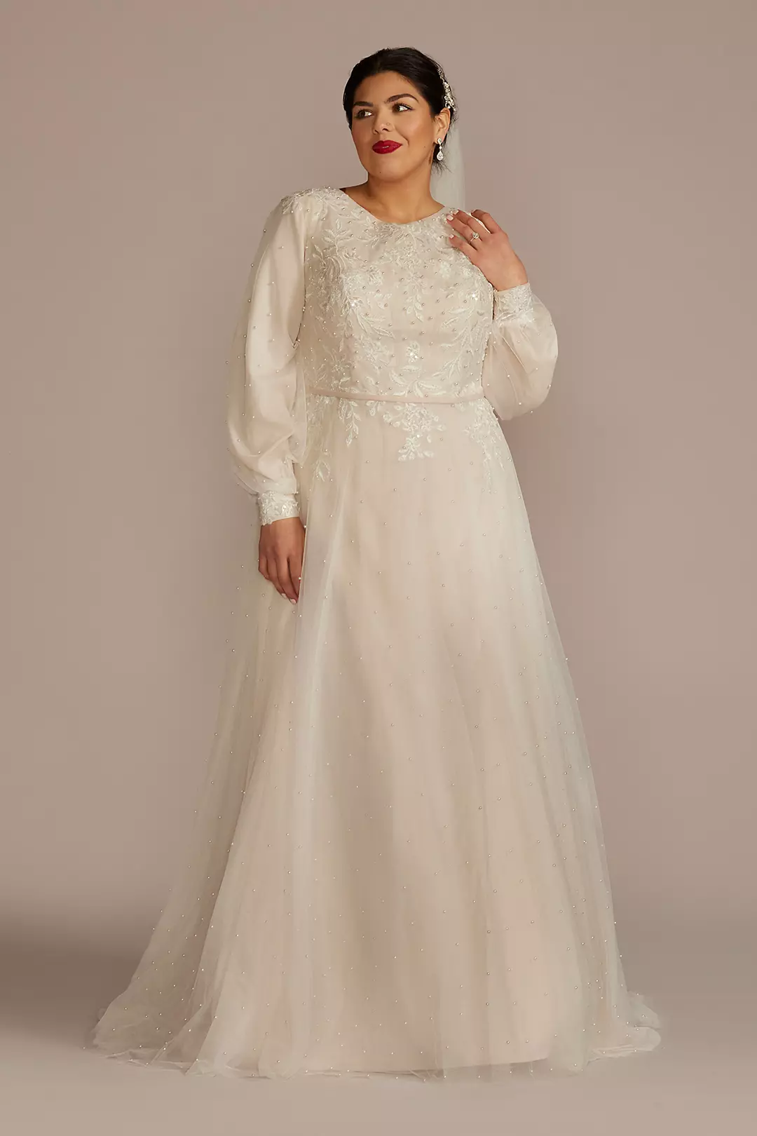 Long Sleeve Pearl Tulle Modest Wedding Dress