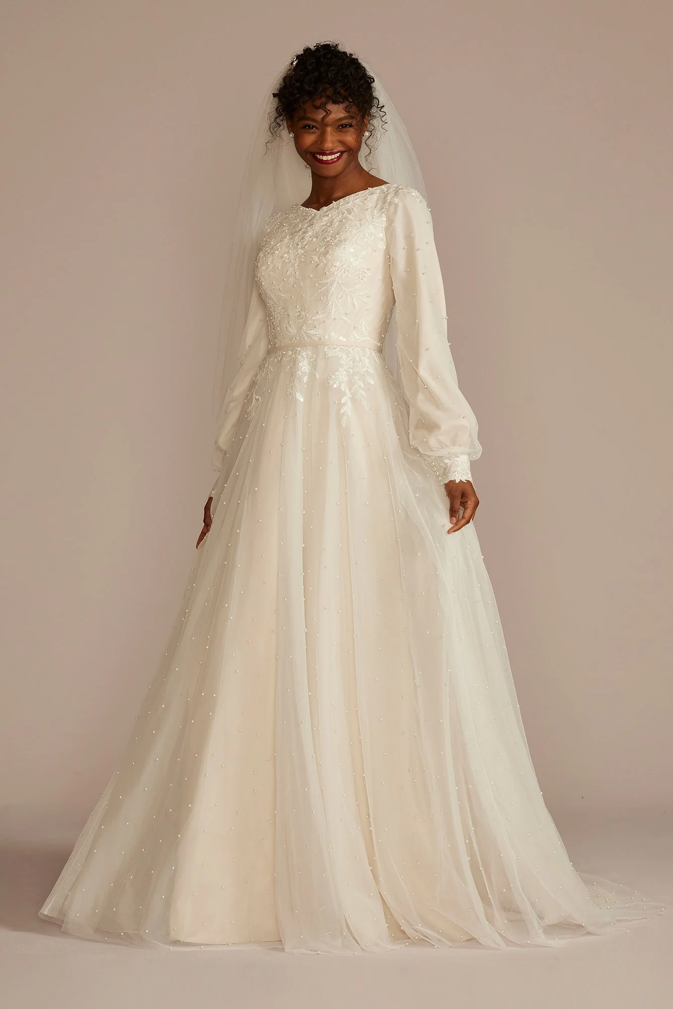 Long Sleeve Pearl Tulle Modest Wedding Dress - Image 2