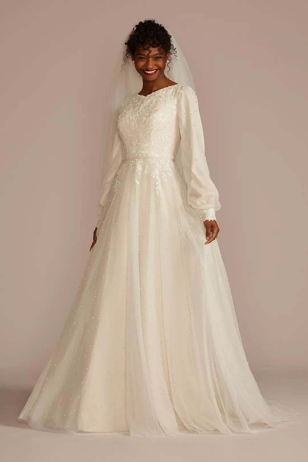 Long Sleeve Pearl Tulle Modest Wedding Dress - Image 4