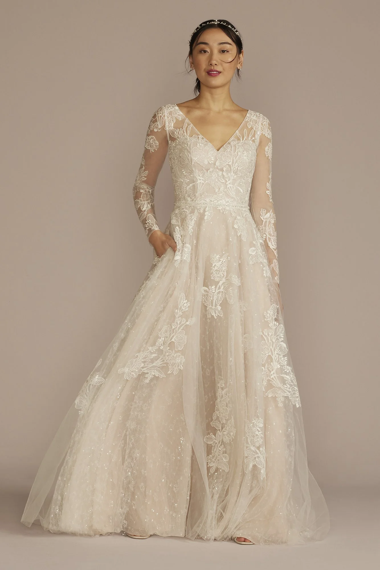 Long Sleeve Pleated Lace Applique Wedding Dress