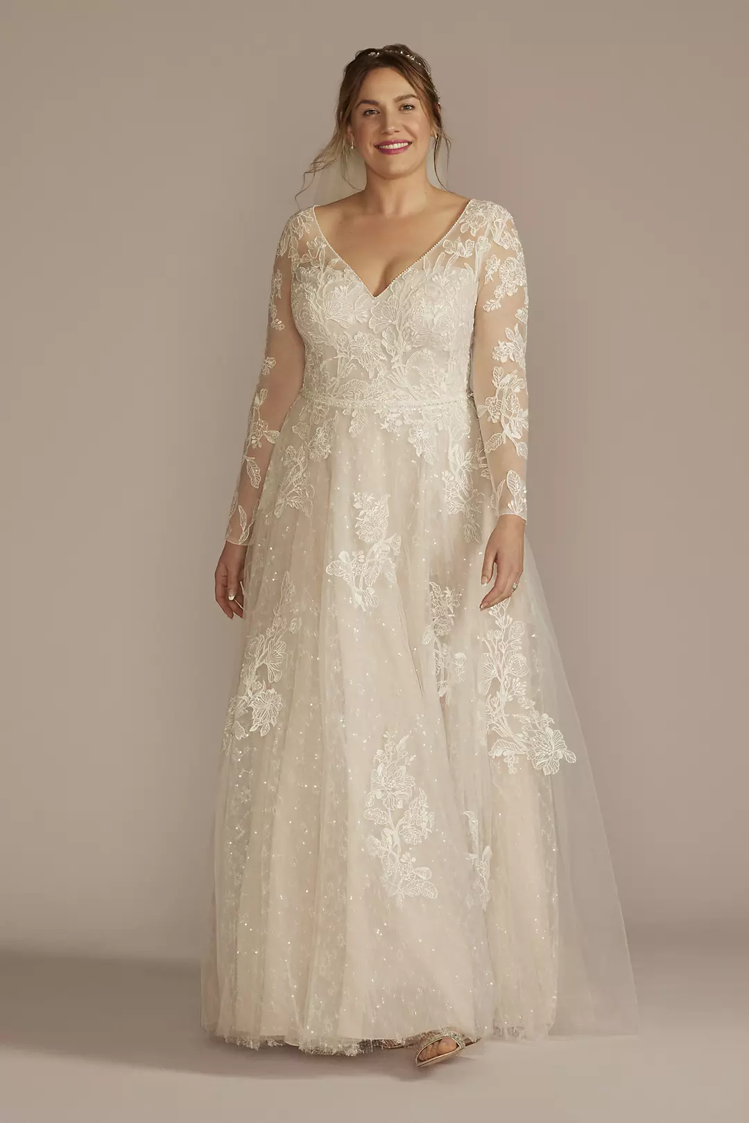Long Sleeve Pleated Lace Applique Wedding Dress - Image 11
