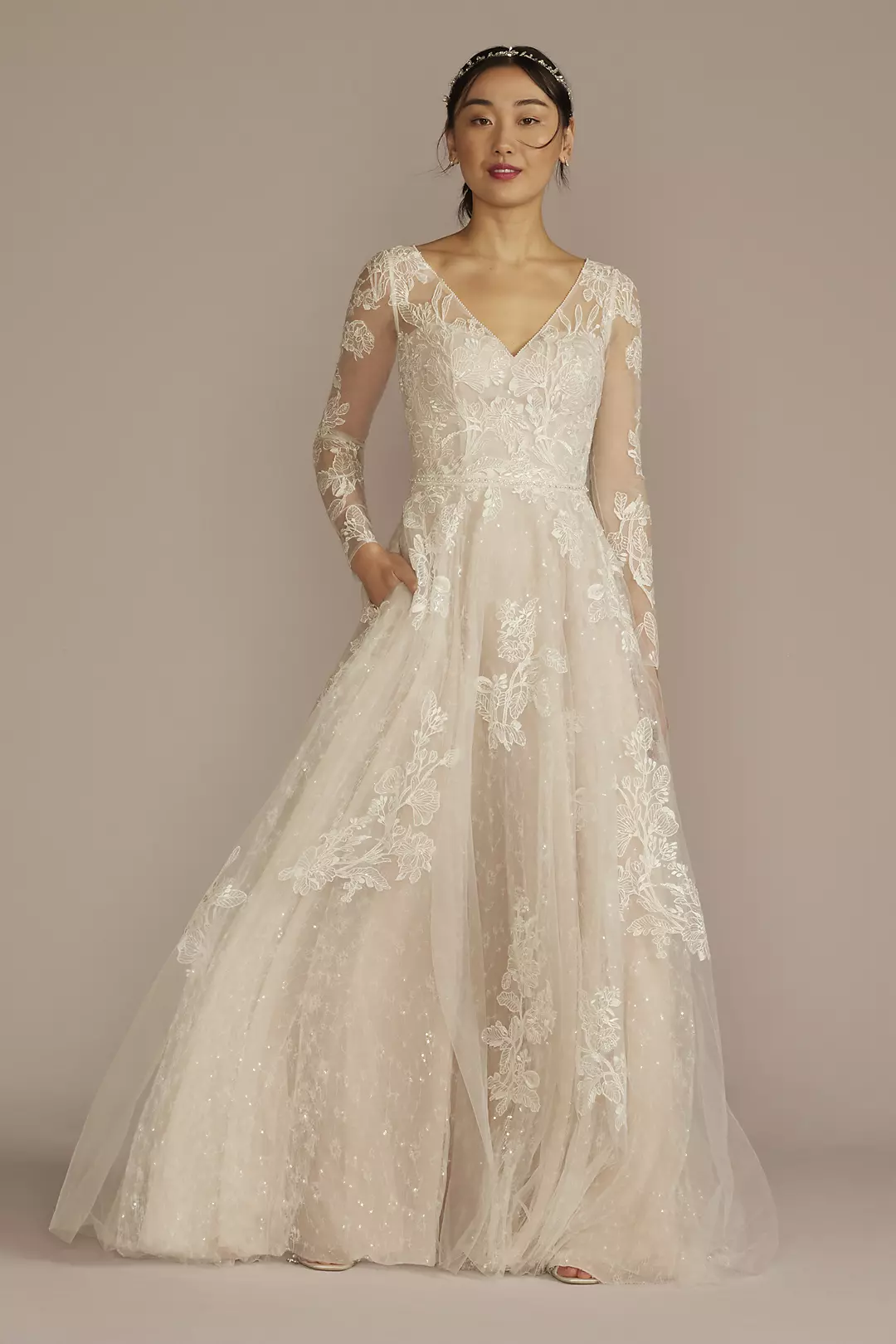 Long Sleeve Pleated Lace Applique Wedding Dress - Image 6