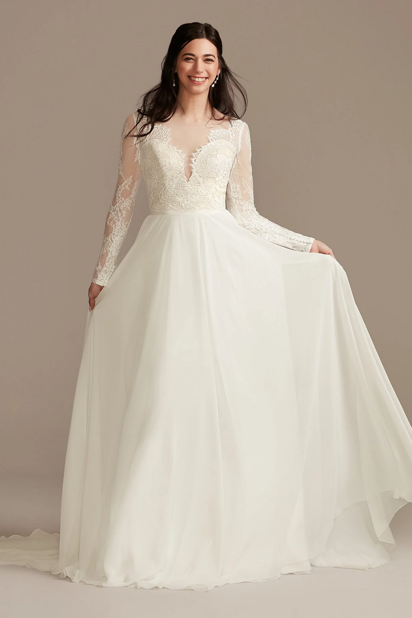 Long Sleeve Plunge Lace Chiffon Wedding Dress - Image 9