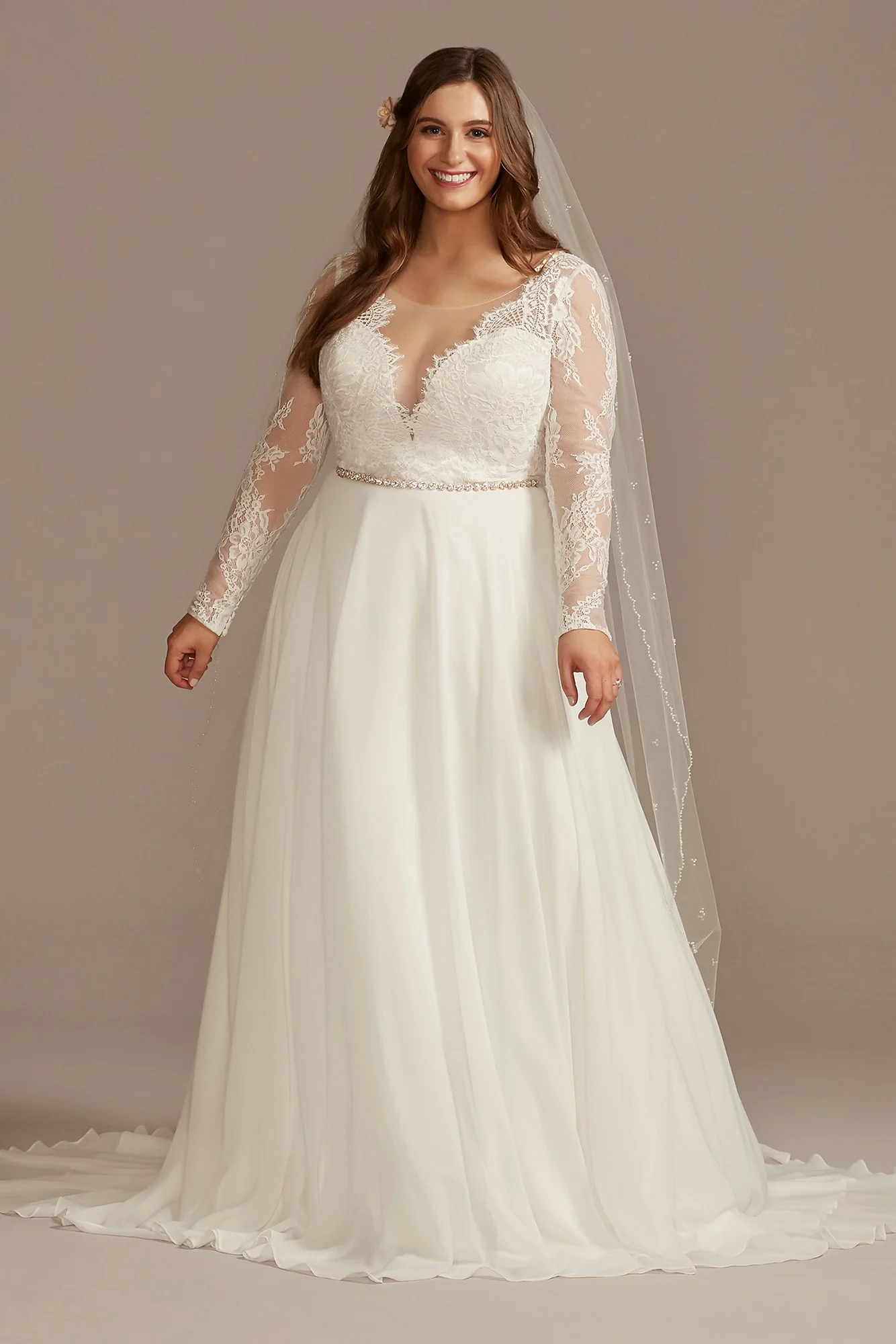Long Sleeve Plunge Lace Plus Size Wedding Dress - Image 2