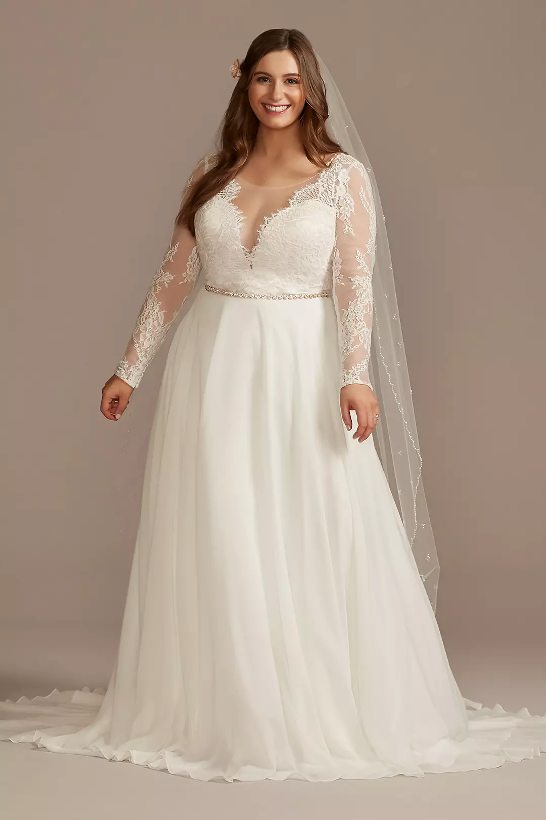 Long Sleeve Plunge Lace Plus Size Wedding Dress - Image 22