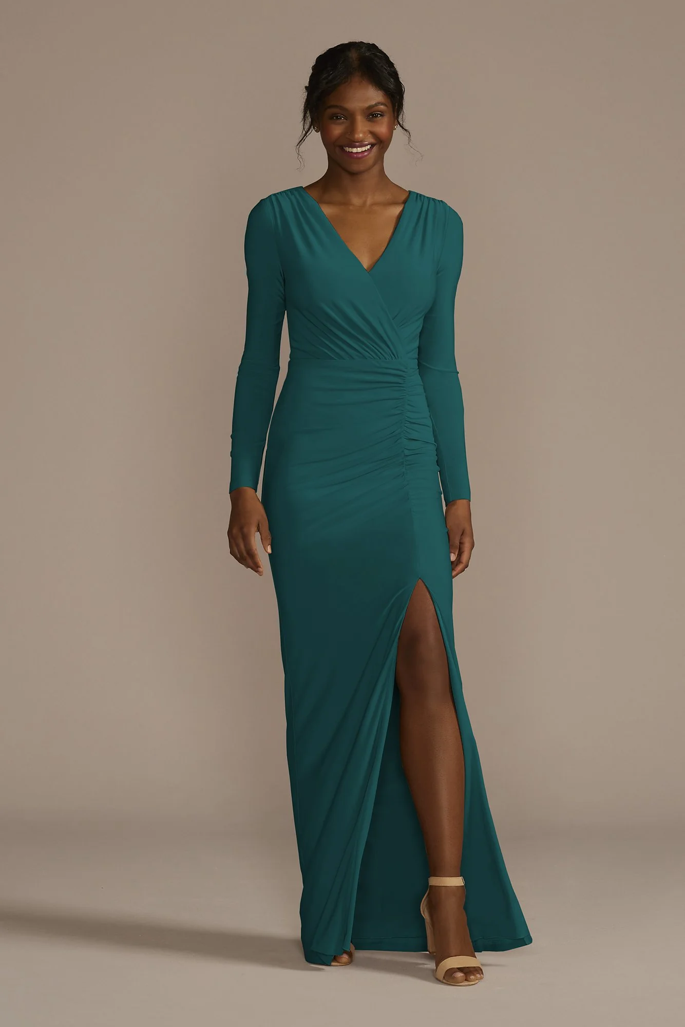 Long Sleeve Ruched Jersey Sheath Dress - Image 38