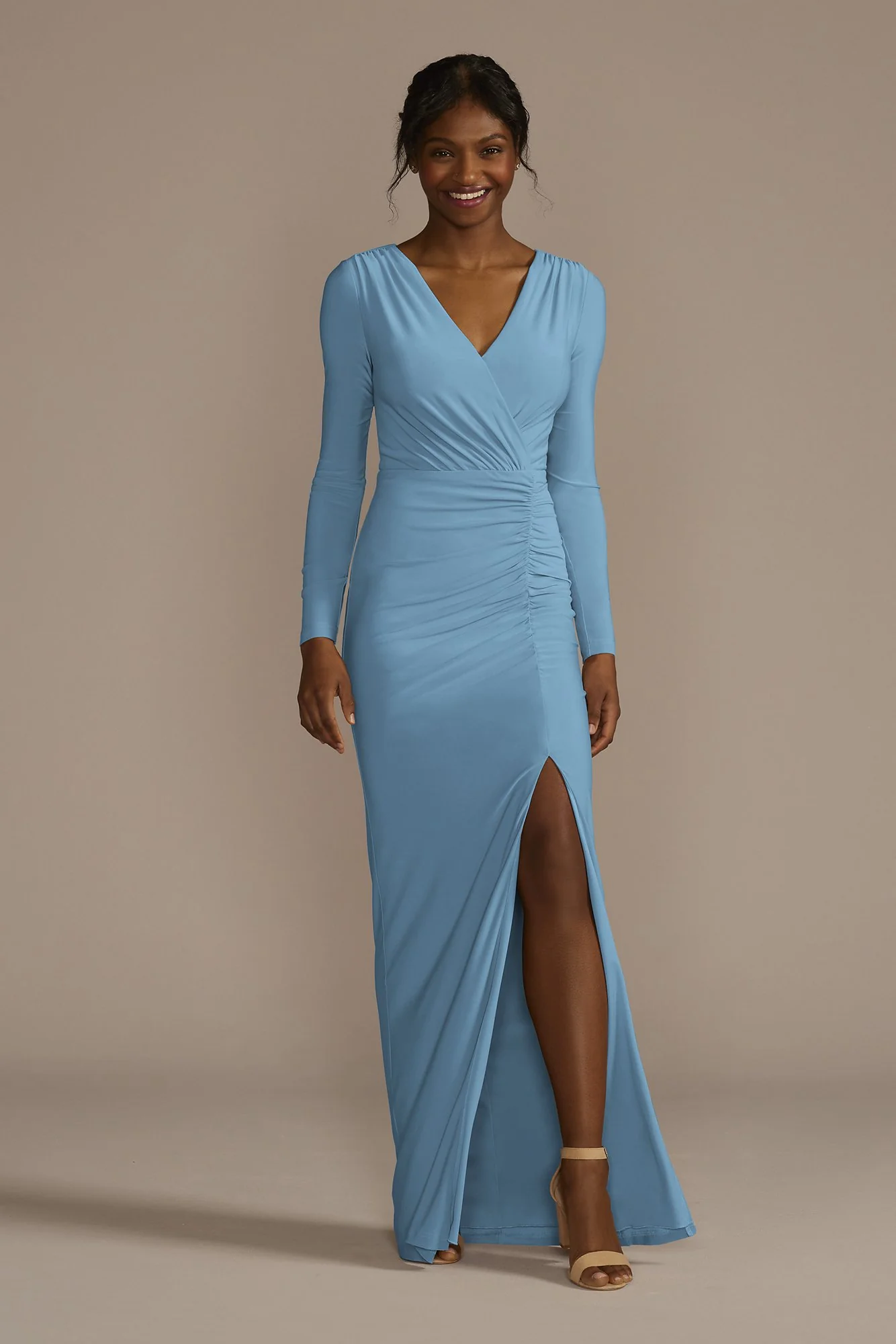 Long Sleeve Ruched Jersey Sheath Dress - Image 41
