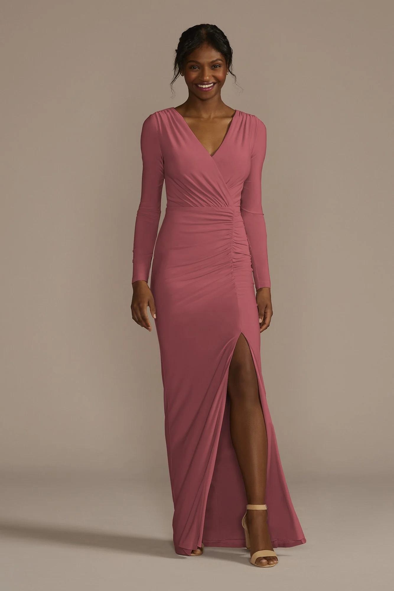 Long Sleeve Ruched Jersey Sheath Dress - Image 54