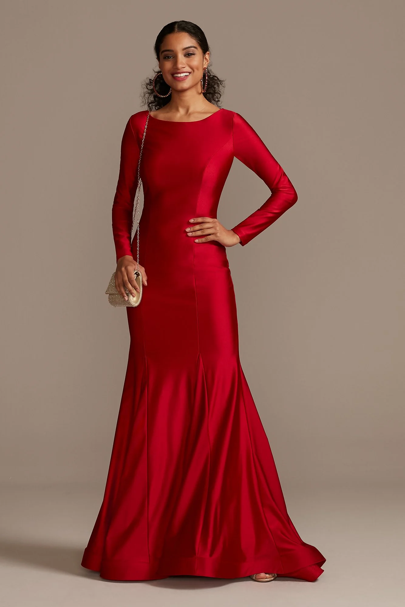 Long Sleeve Sateen Mermaid Gown with Lace-Up Back