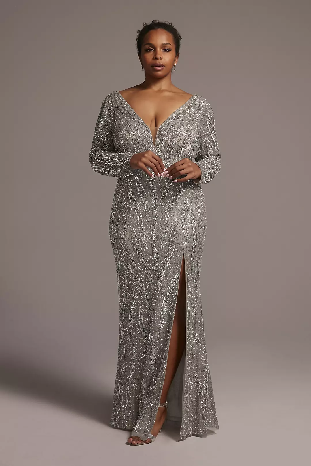 Long Sleeve Sequin Encrusted Gown with Slit - Image 12