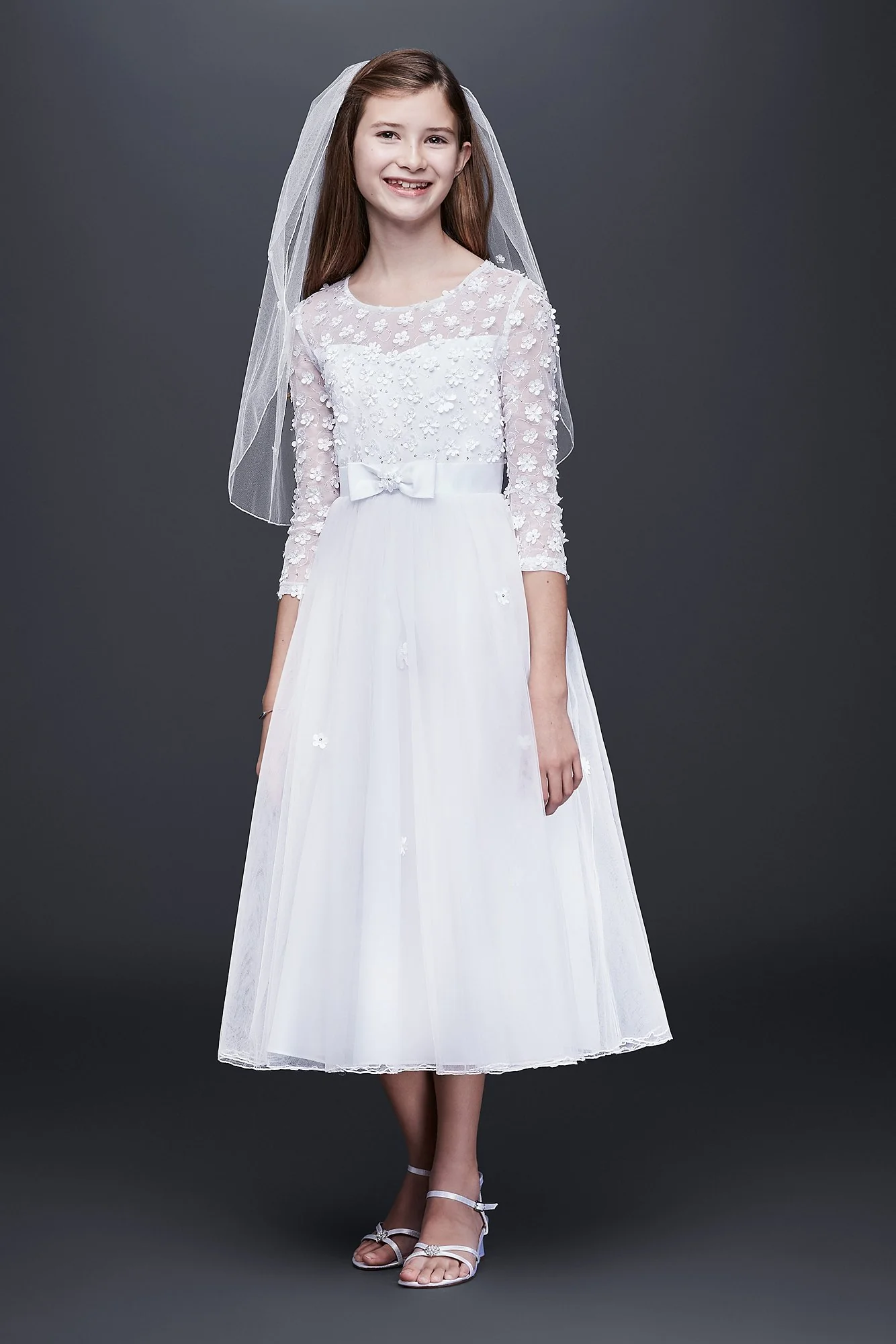 Long Sleeve Tulle Communion Dress with 3D Flowers