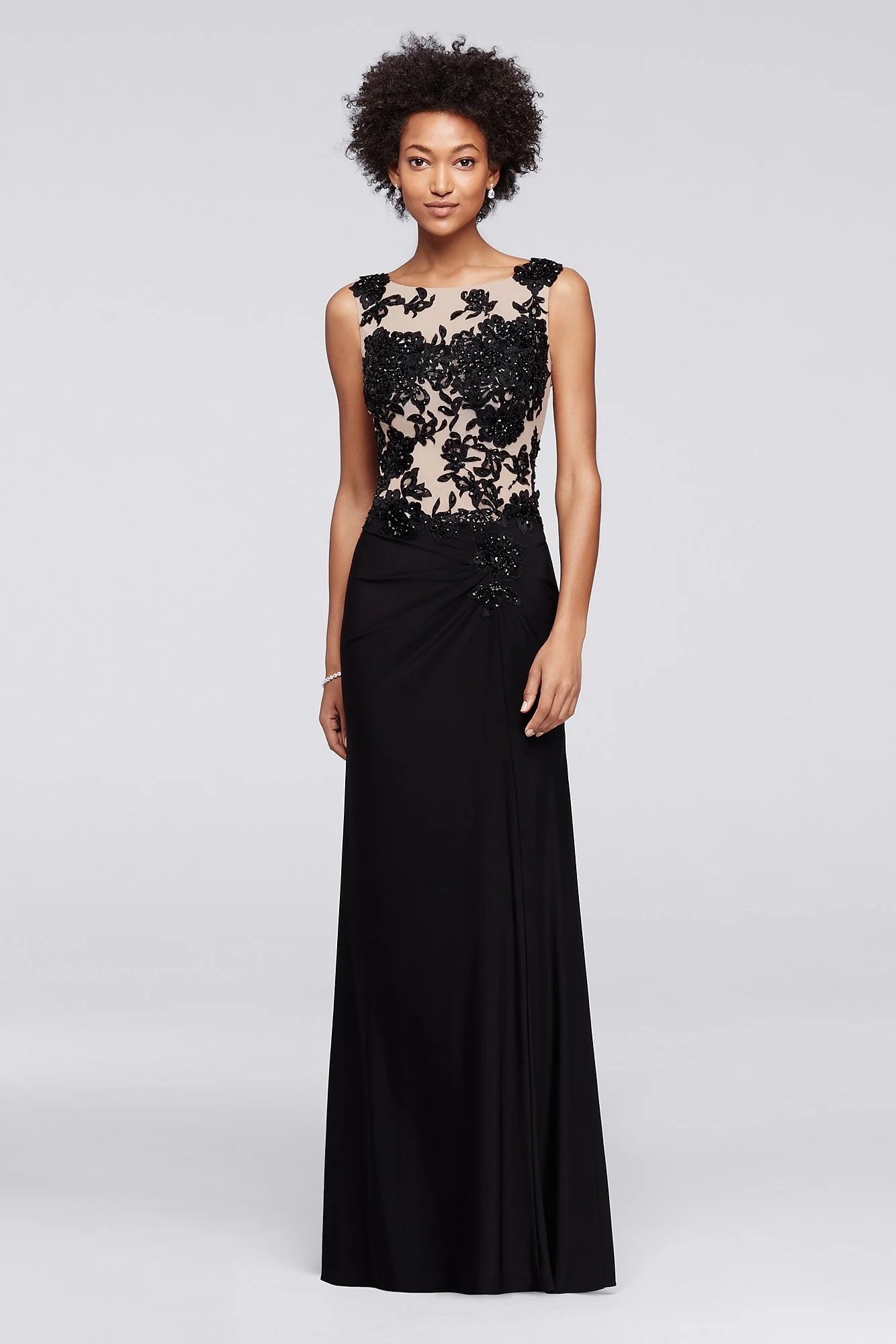 Long Sleeveless Dress with Illusion Beaded Bodice