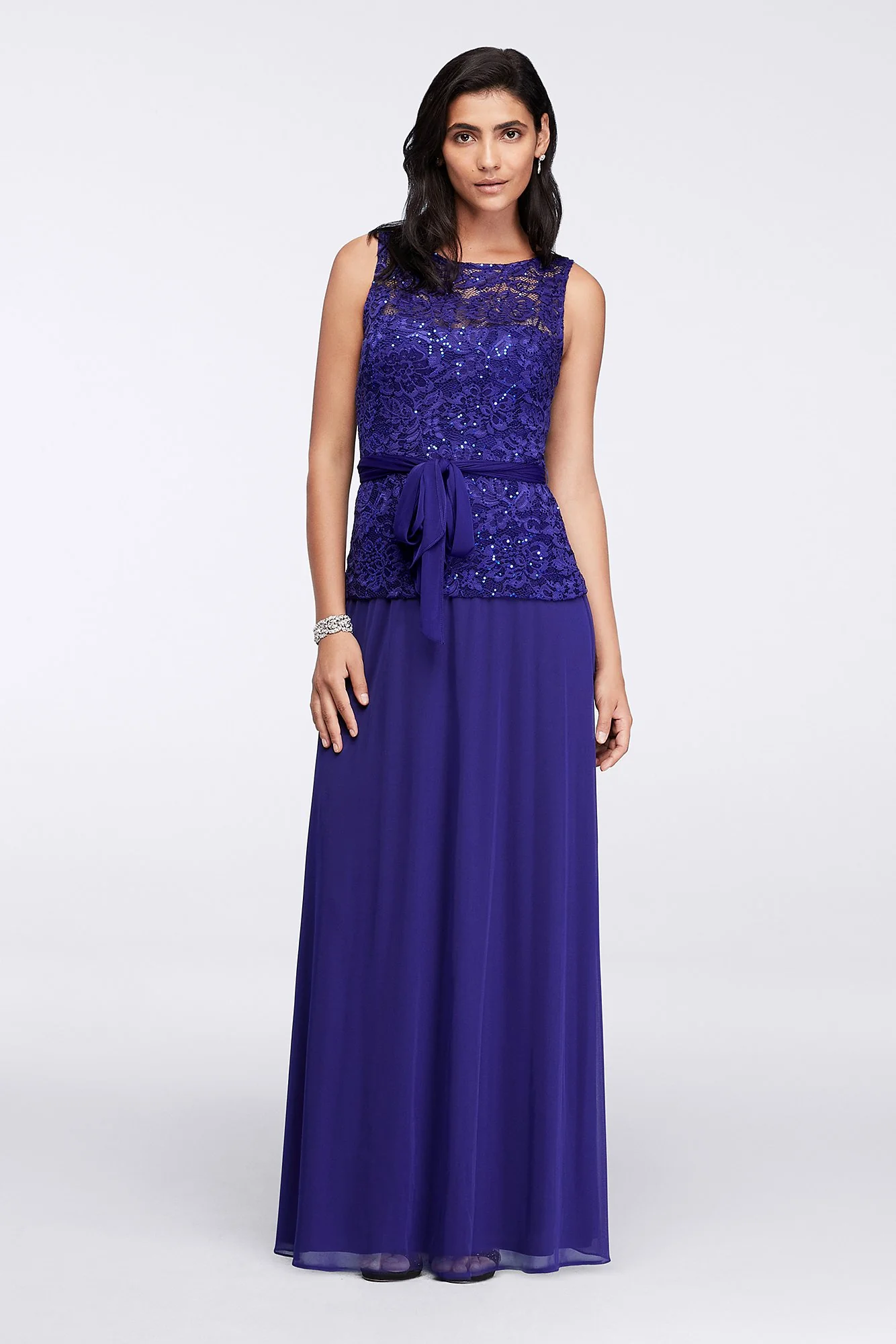 Long Sleeveless Lace-Bodice Dress with Waist Tie - Image 2