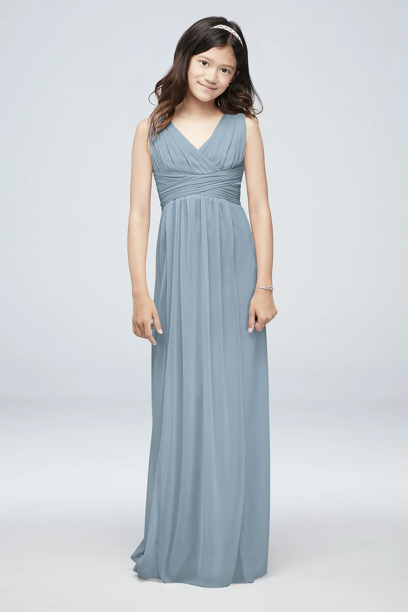 Long Sleeveless Mesh Dress with Ruched Waist - Image 3