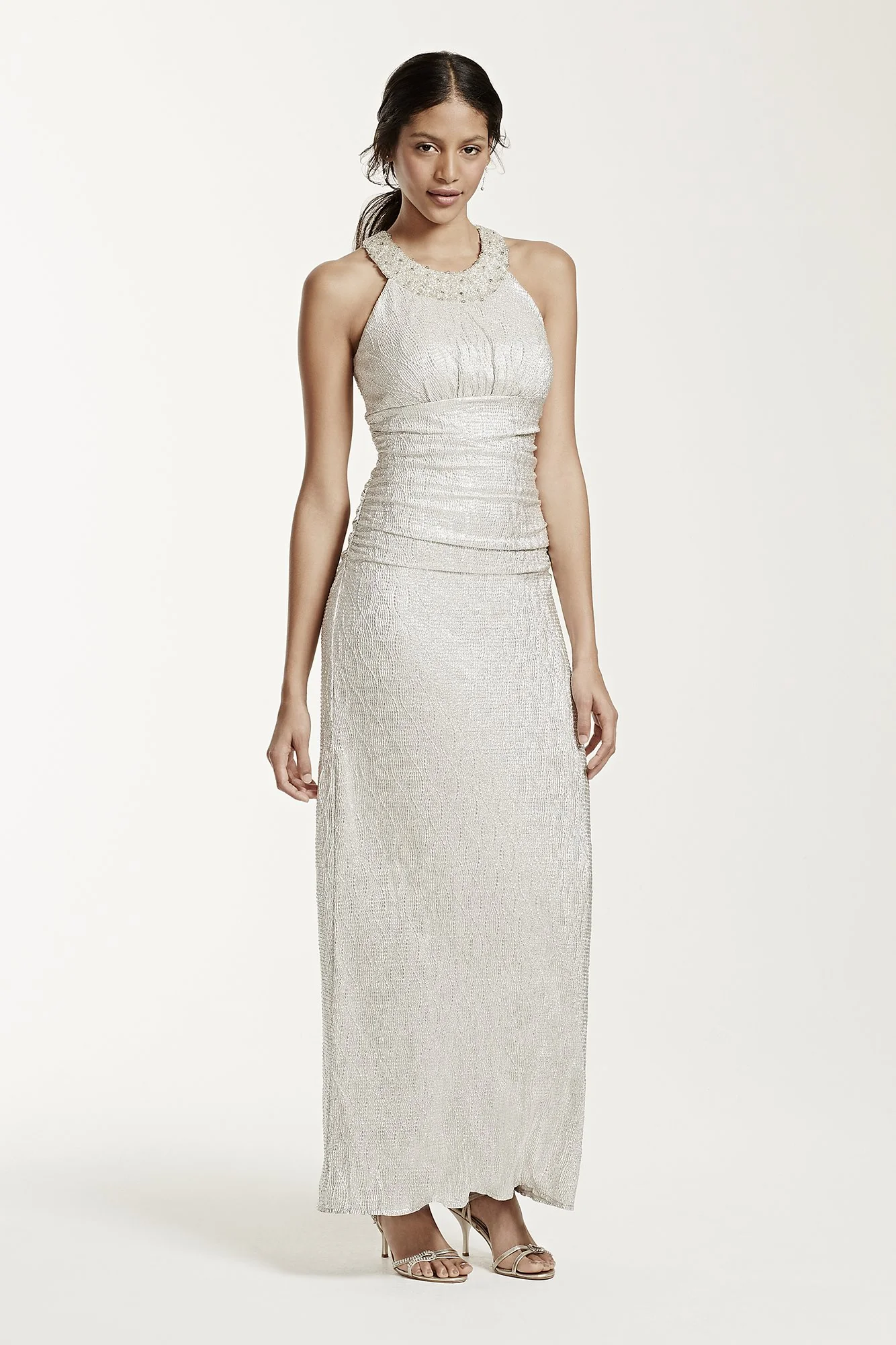 Long Sleeveless Ruched Foil Jersey Dress - Image 3