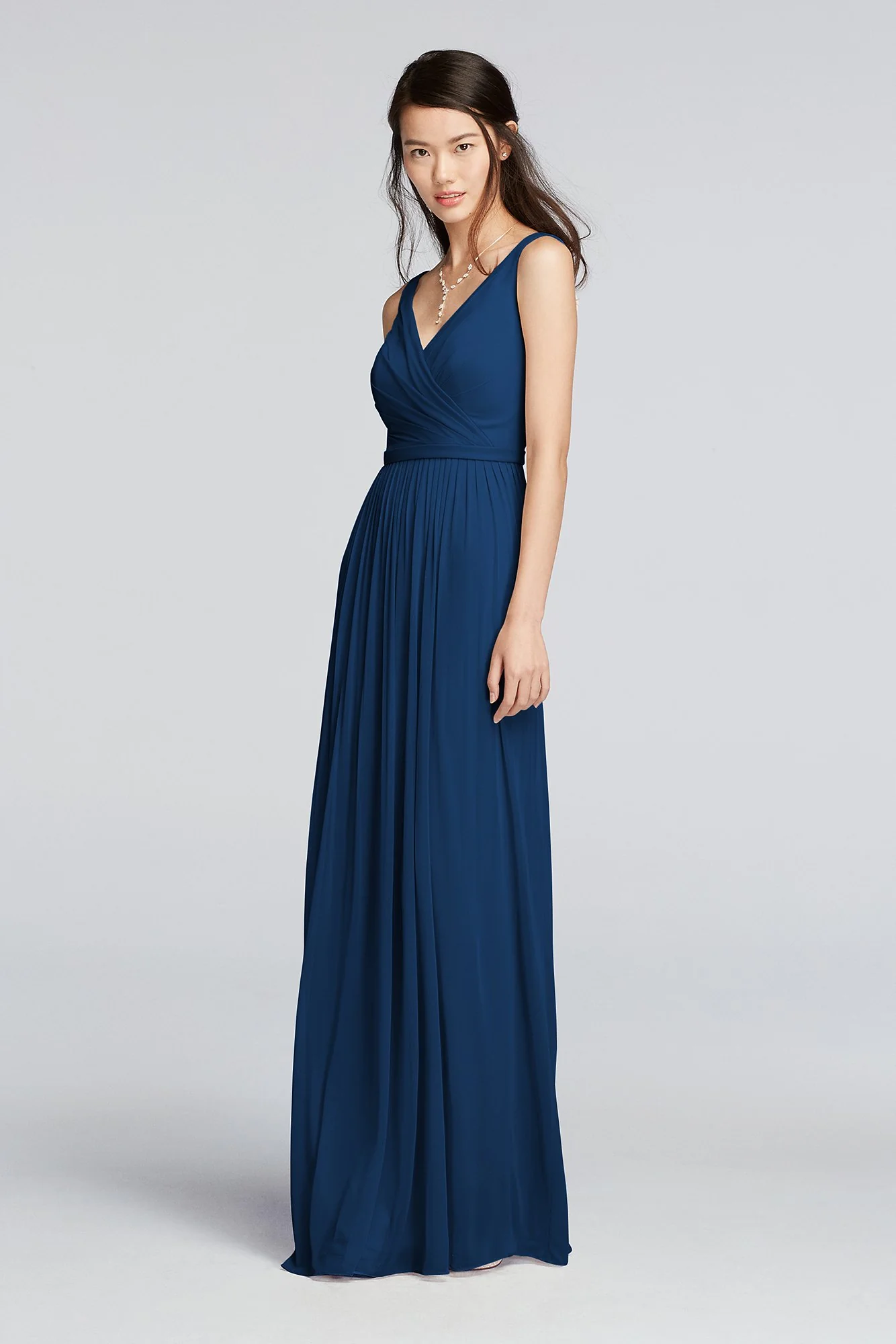 Long Sleeveless V-Neck Mesh Dress with Belt