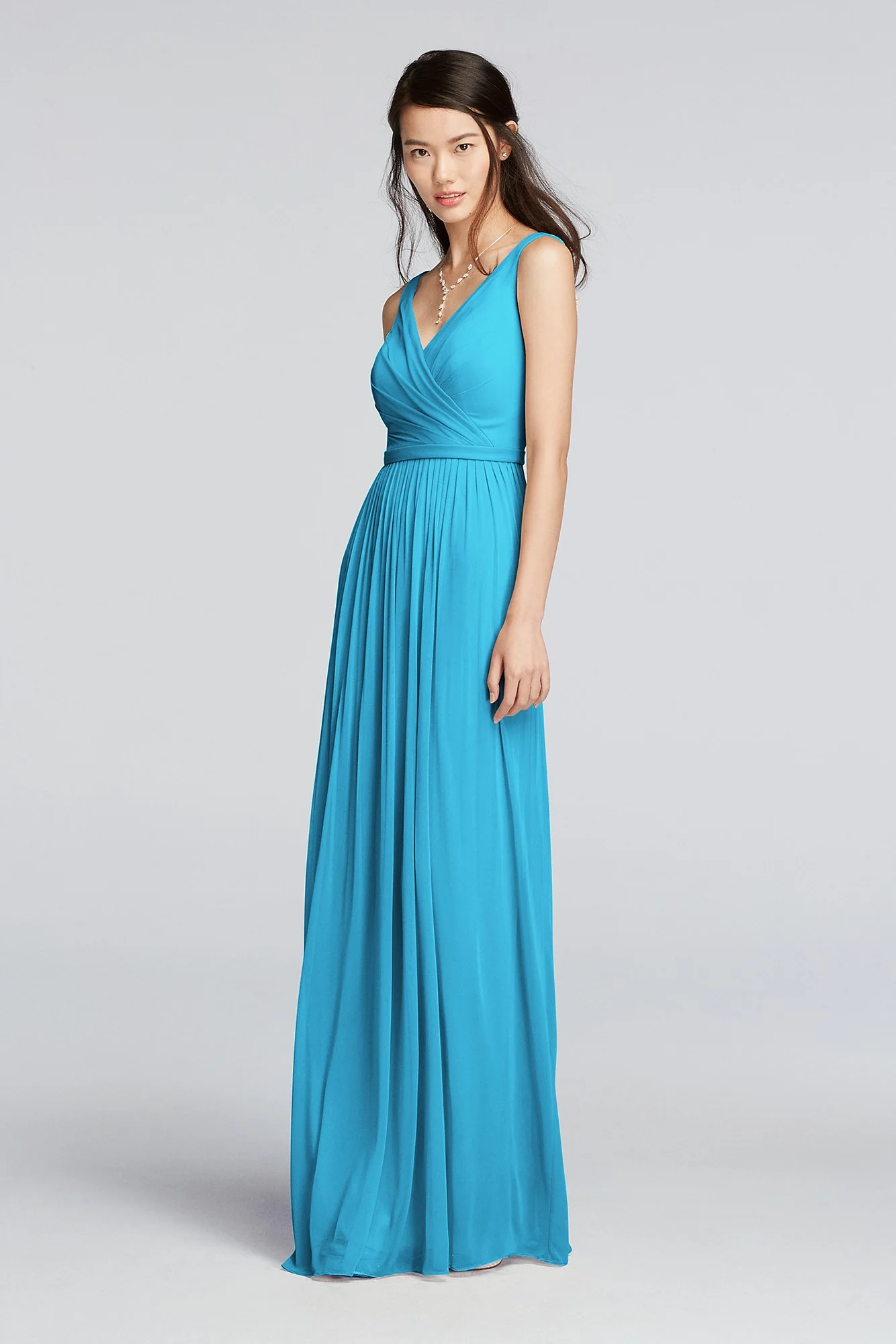 Long Sleeveless V-Neck Mesh Dress with Belt - Image 6