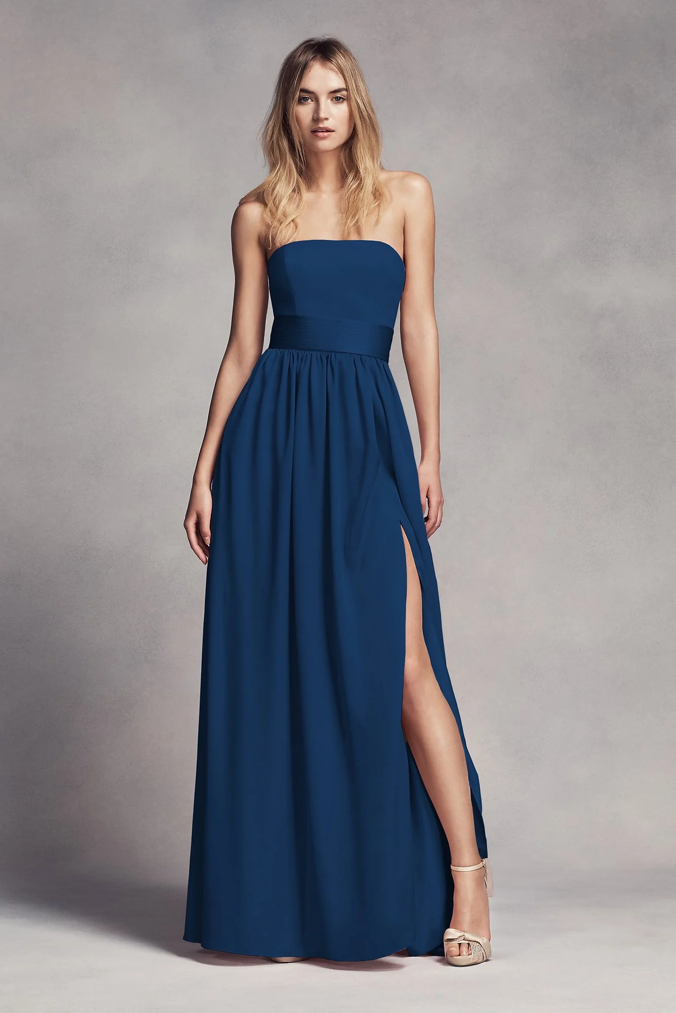 Long Strapless Bridesmaid Dress with Belt - Image 23