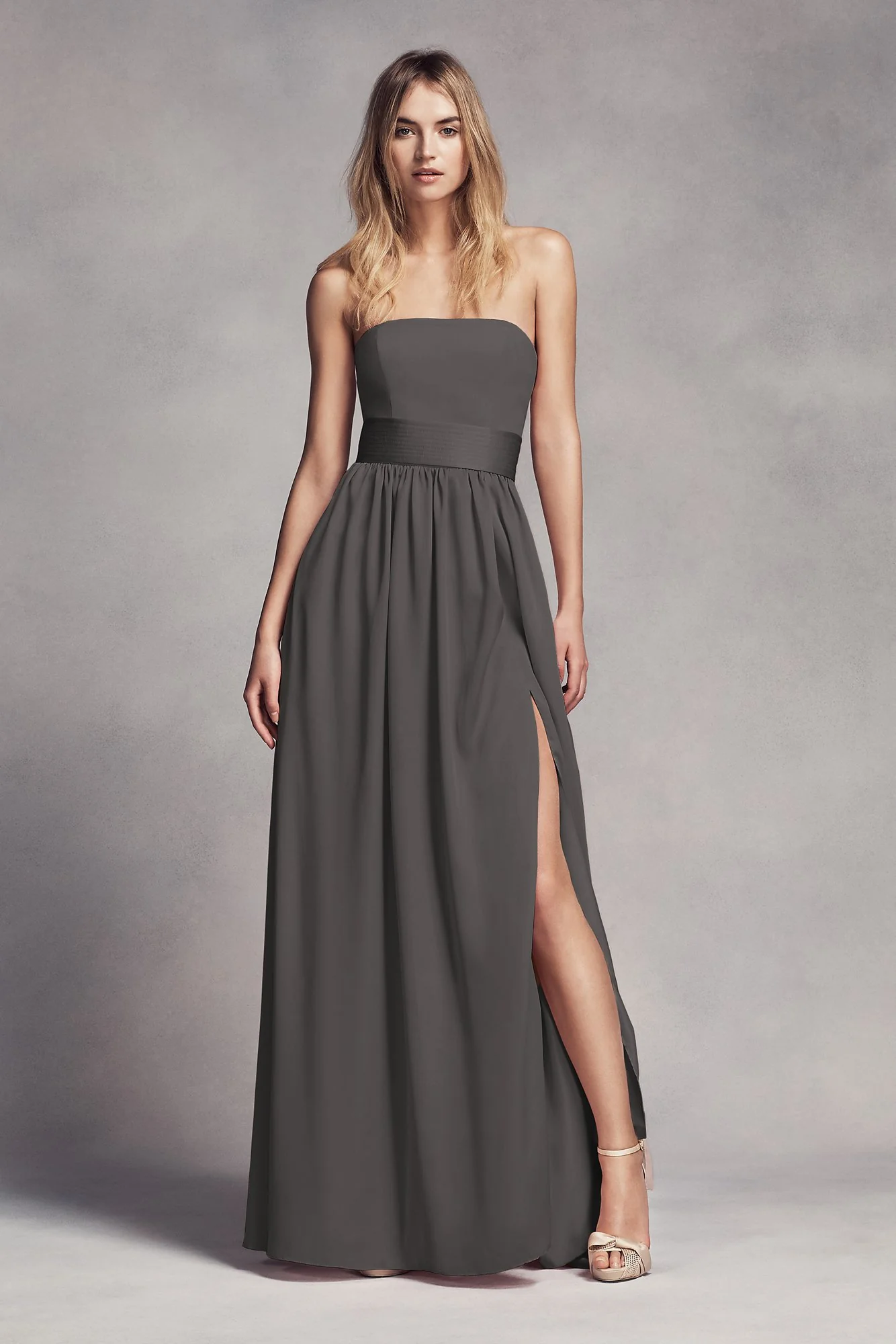 Long Strapless Bridesmaid Dress with Belt - Image 33