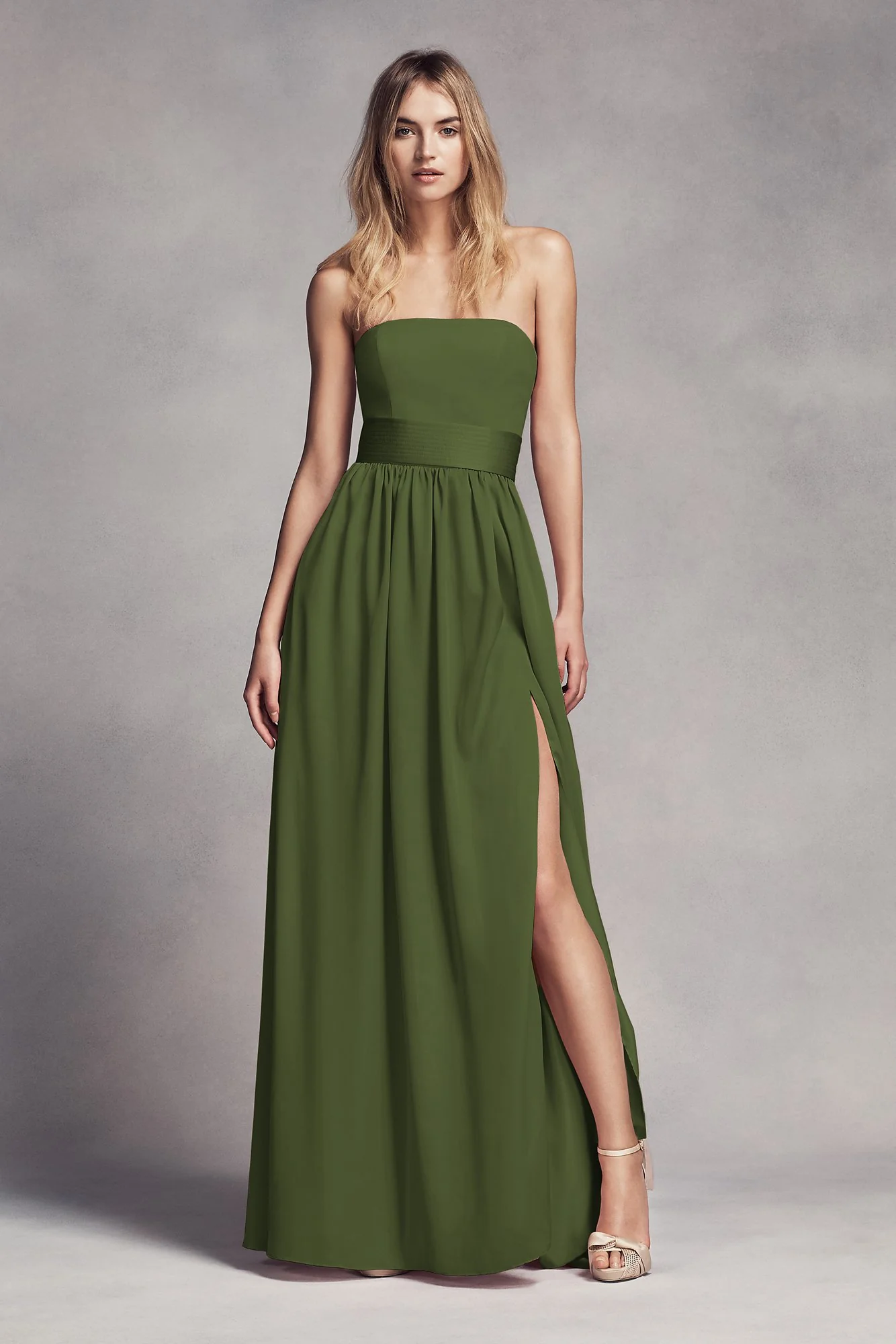 Long Strapless Bridesmaid Dress with Belt - Image 45