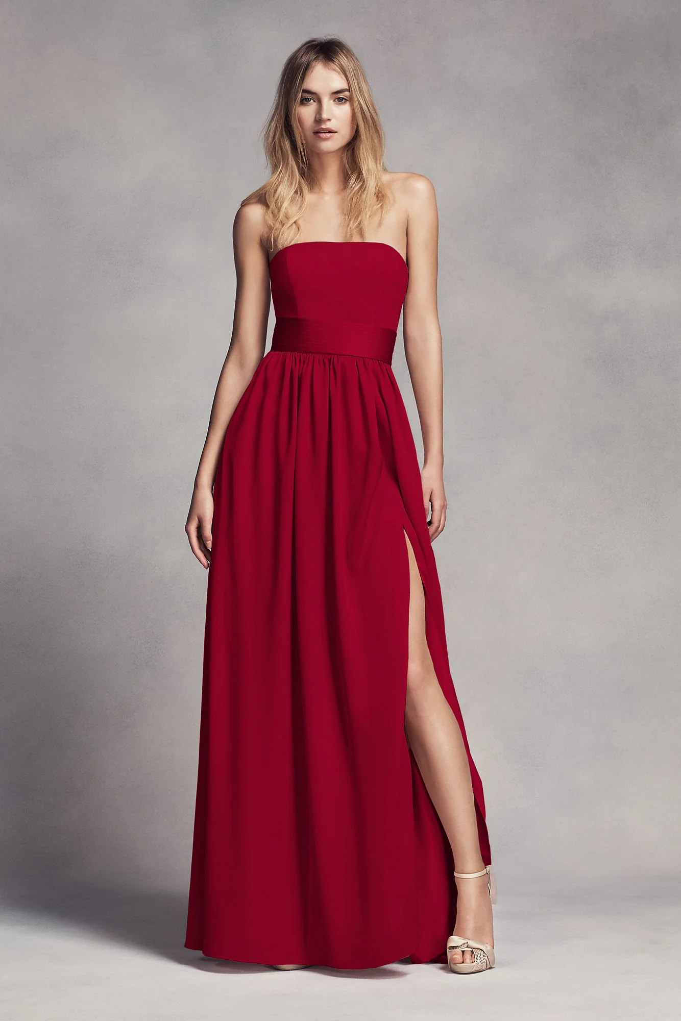 Long Strapless Bridesmaid Dress with Belt - Image 46