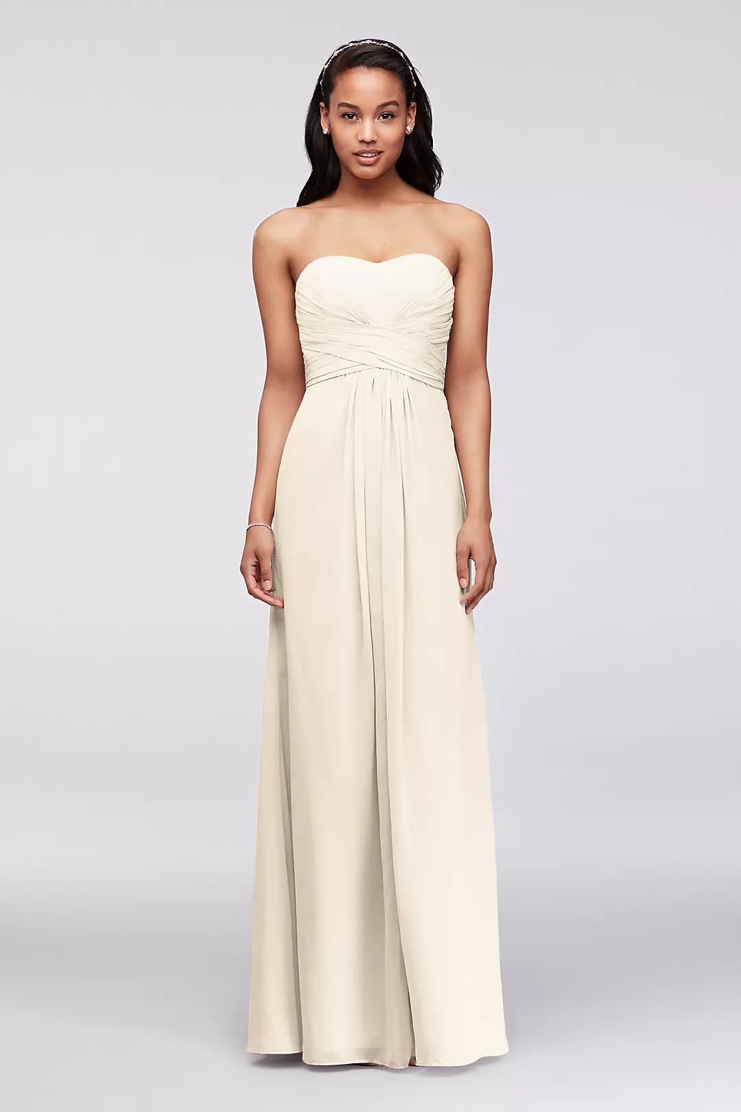 Long Strapless Chiffon Dress with Pleated Bodice - Image 11