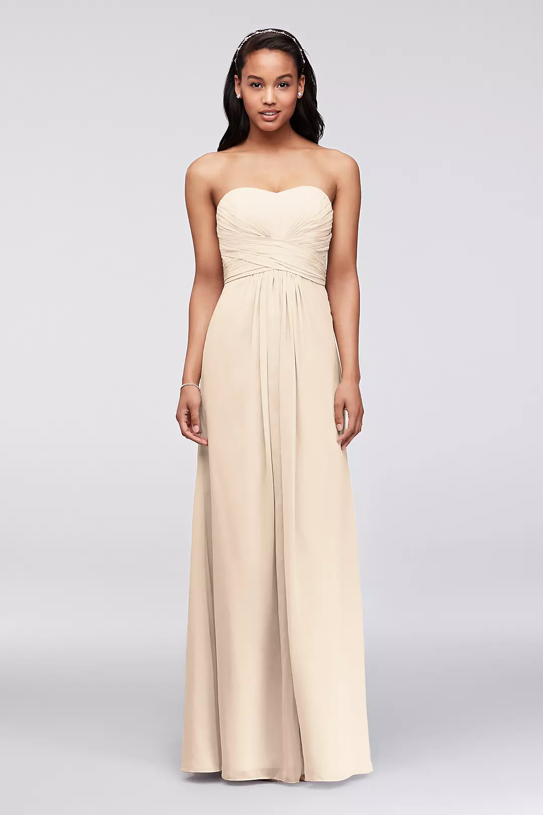 Long Strapless Chiffon Dress with Pleated Bodice - Image 34