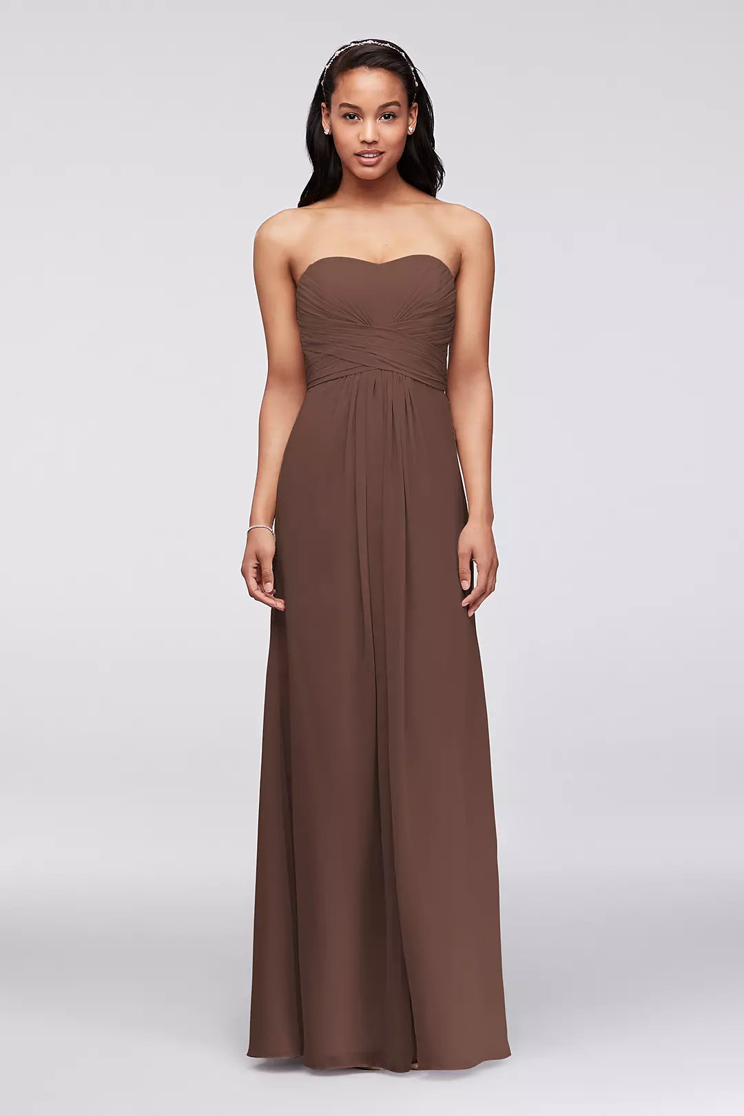 Long Strapless Chiffon Dress with Pleated Bodice - Image 40