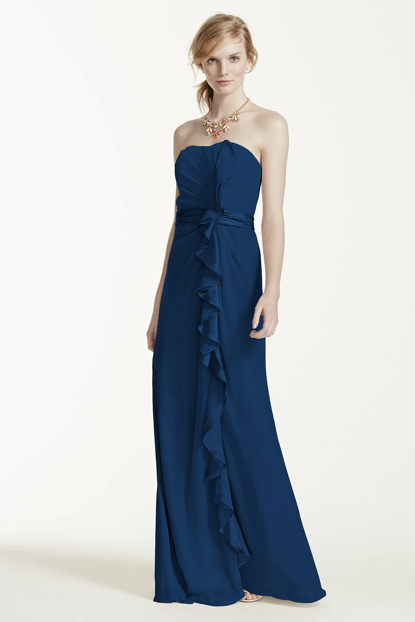 Long Strapless Dress with Front Ruffle Cascade - Image 101