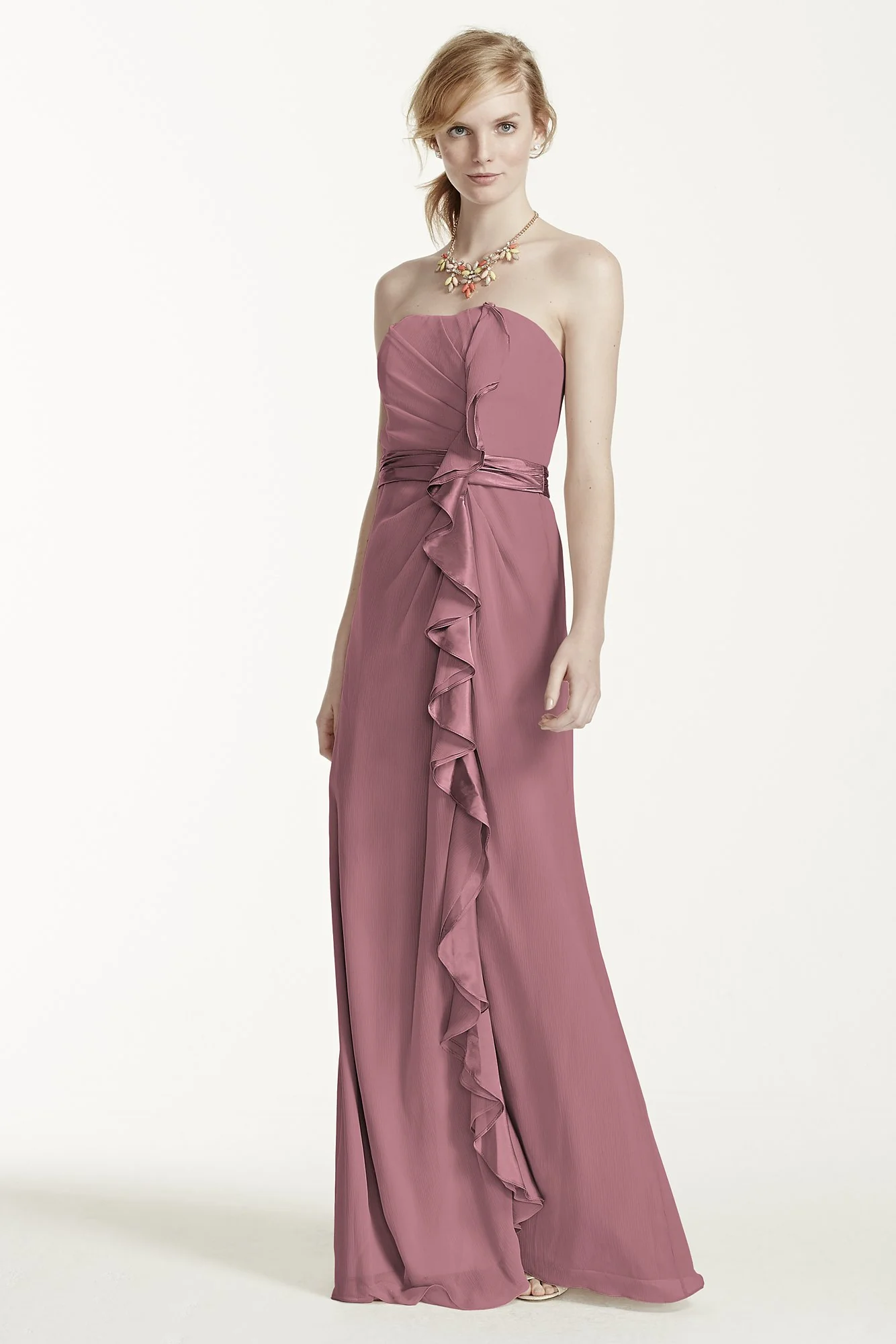 Long Strapless Dress with Front Ruffle Cascade - Image 13